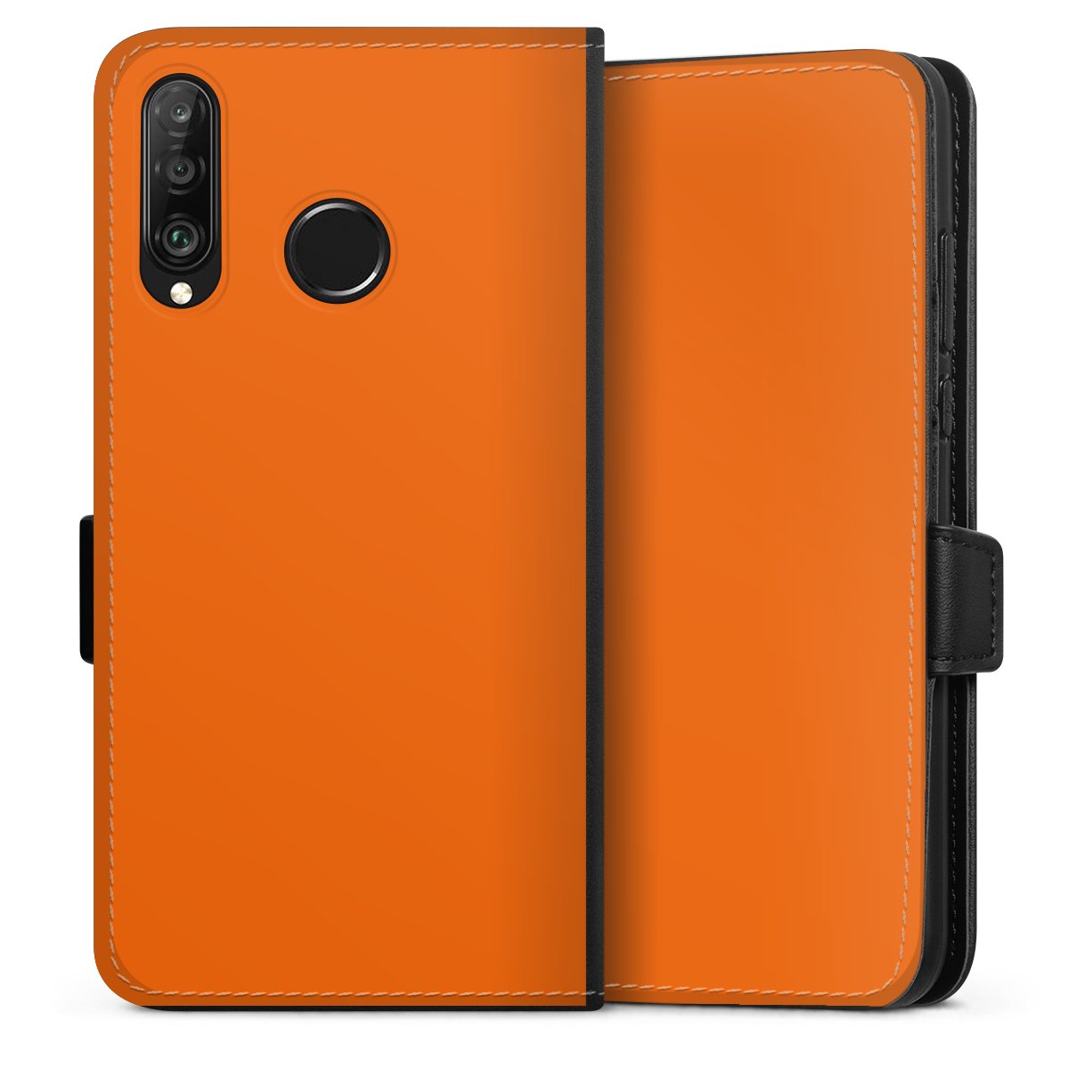 Huawei P30 Lite Handy Klapphülle Handyhülle aus Kunst Leder schwarz Flip Case Orange Colour Unicoloured Sideflip mit Lasche