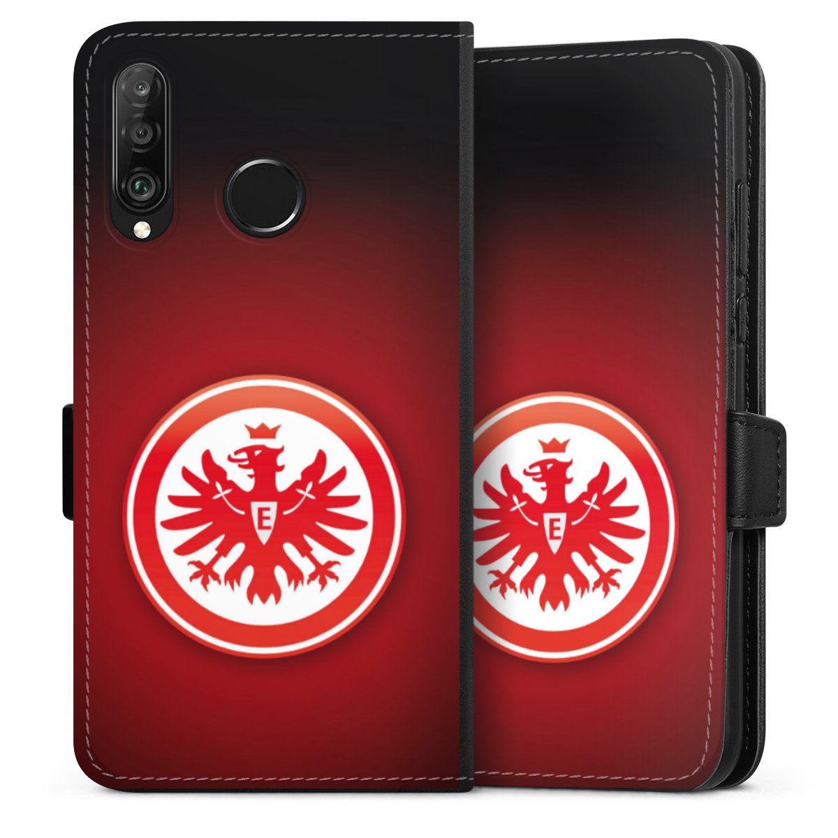 Huawei P30 Lite Handy Klapphülle Handyhülle aus Kunst Leder schwarz Flip Case Eintracht Frankfurt Official Licensed Product Coat Of Arms Sideflip mit Lasche