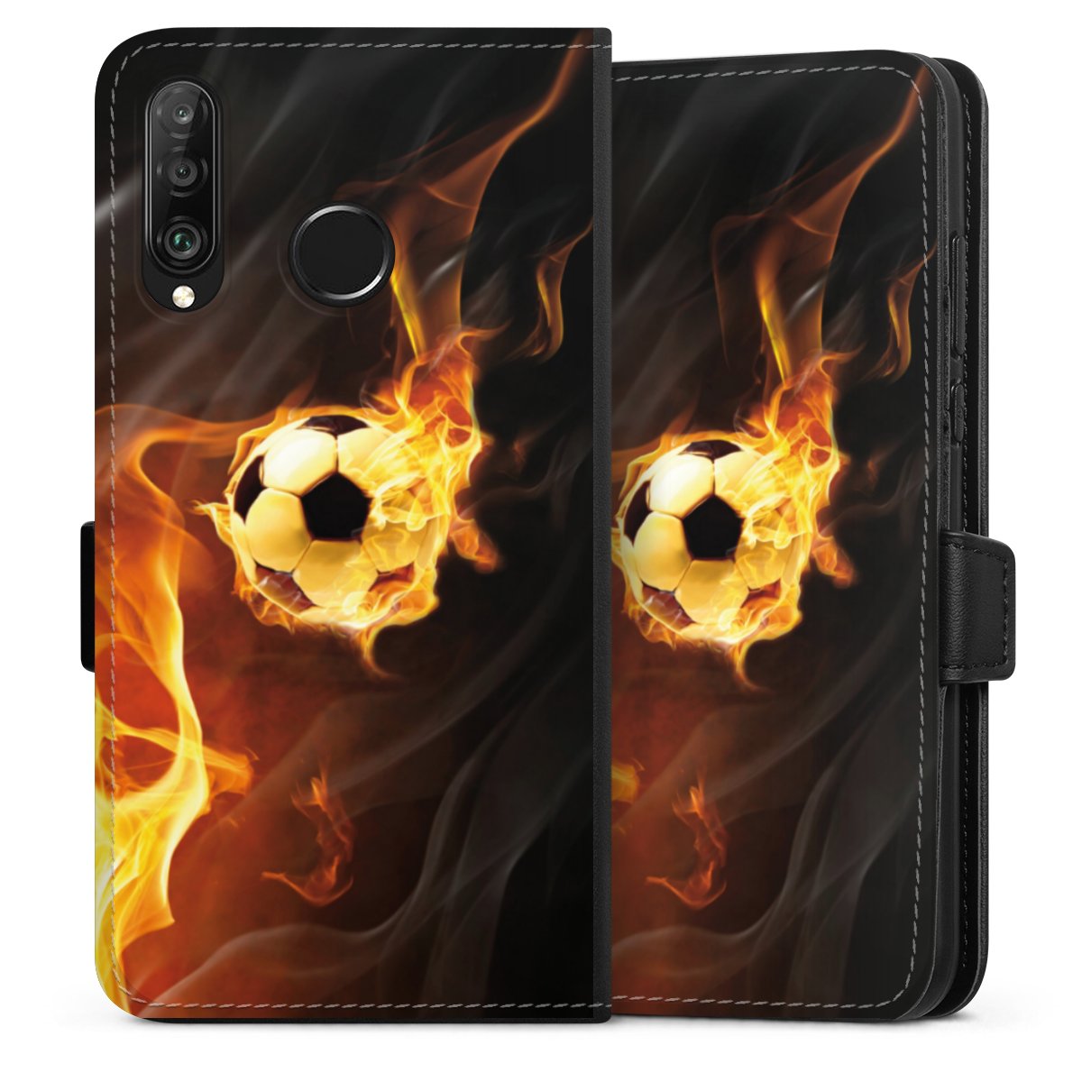 Huawei P30 Lite Handy Klapphülle Handyhülle aus Kunst Leder schwarz Flip Case Ball Fire Soccer Sideflip mit Lasche