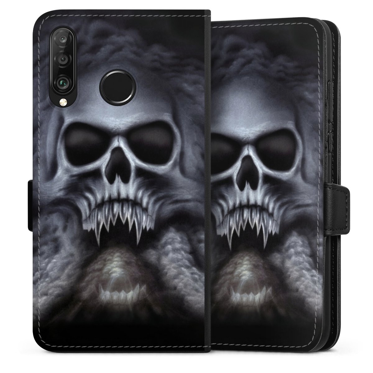 Huawei P30 Lite Handy Klapphülle Handyhülle aus Kunst Leder schwarz Flip Case Totenkopf Skull Sideflip mit Lasche