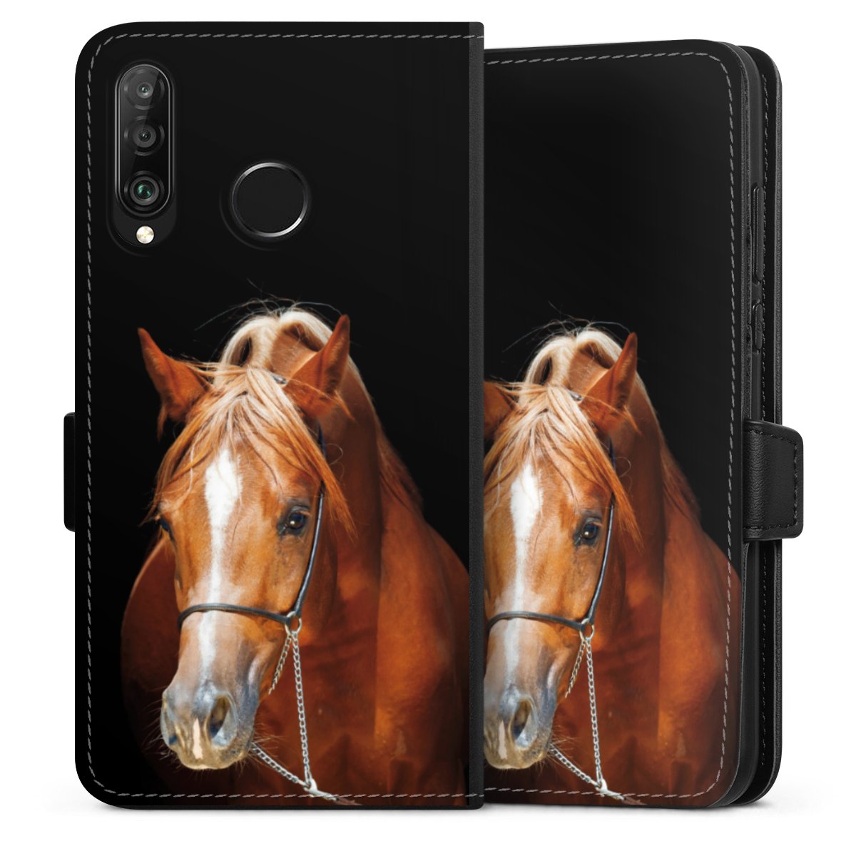 Huawei P30 Lite Handy Klapphülle Handyhülle aus Kunst Leder schwarz Flip Case Mare Horse Hobby Sideflip mit Lasche