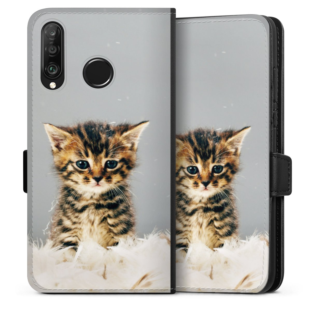 Huawei P30 Lite Handy Klapphülle Handyhülle aus Kunst Leder schwarz Flip Case Cat Feather Pet Sideflip mit Lasche