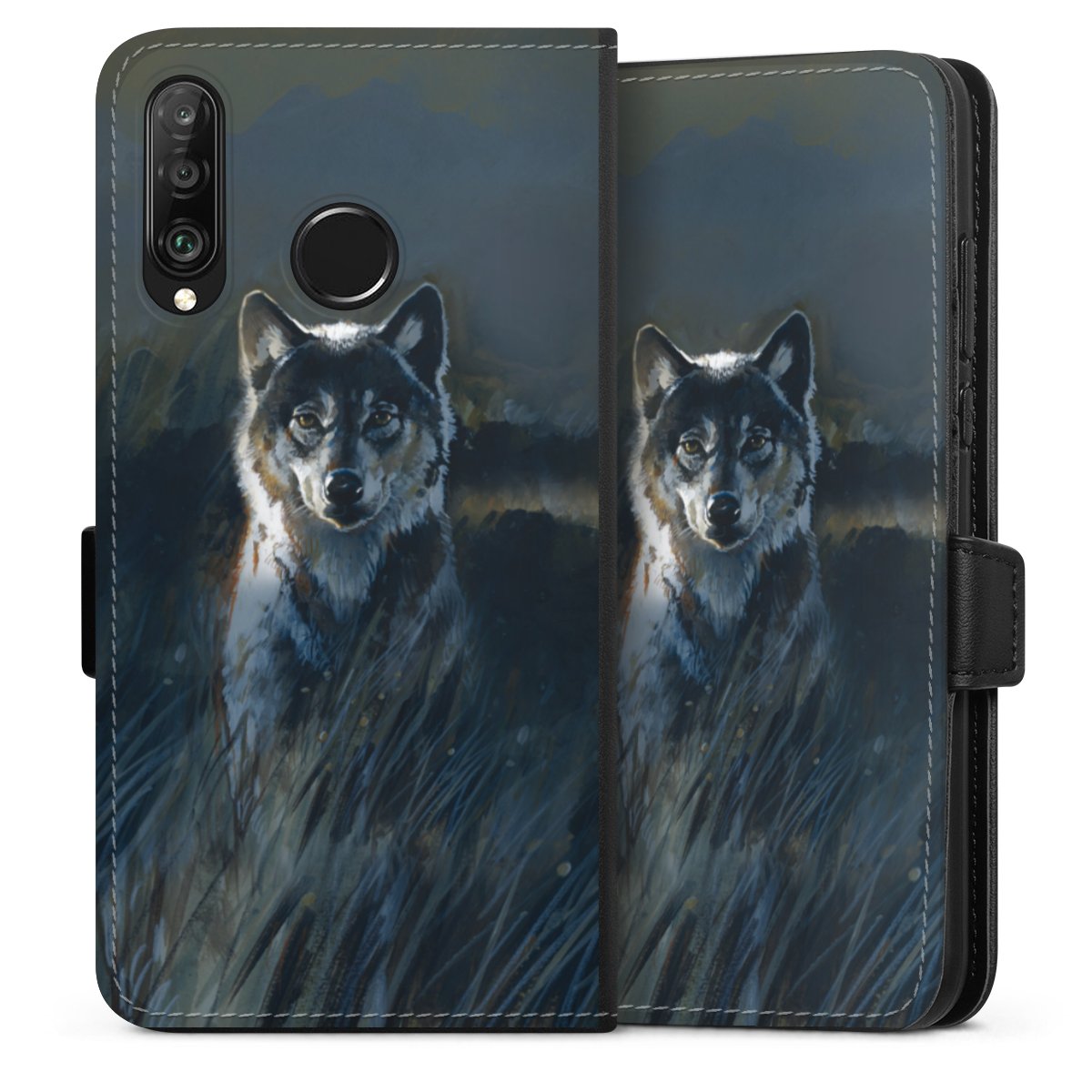 Huawei P30 Lite Handy Klapphülle Handyhülle aus Kunst Leder schwarz Flip Case Nature Wolf Painting Sideflip mit Lasche