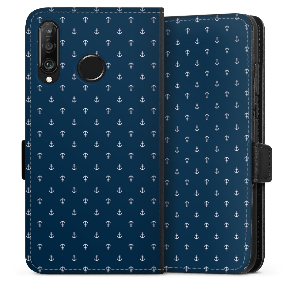 Huawei P30 Lite Handy Klapphülle Handyhülle aus Kunst Leder schwarz Flip Case Muster Anchor Sail Sideflip mit Lasche