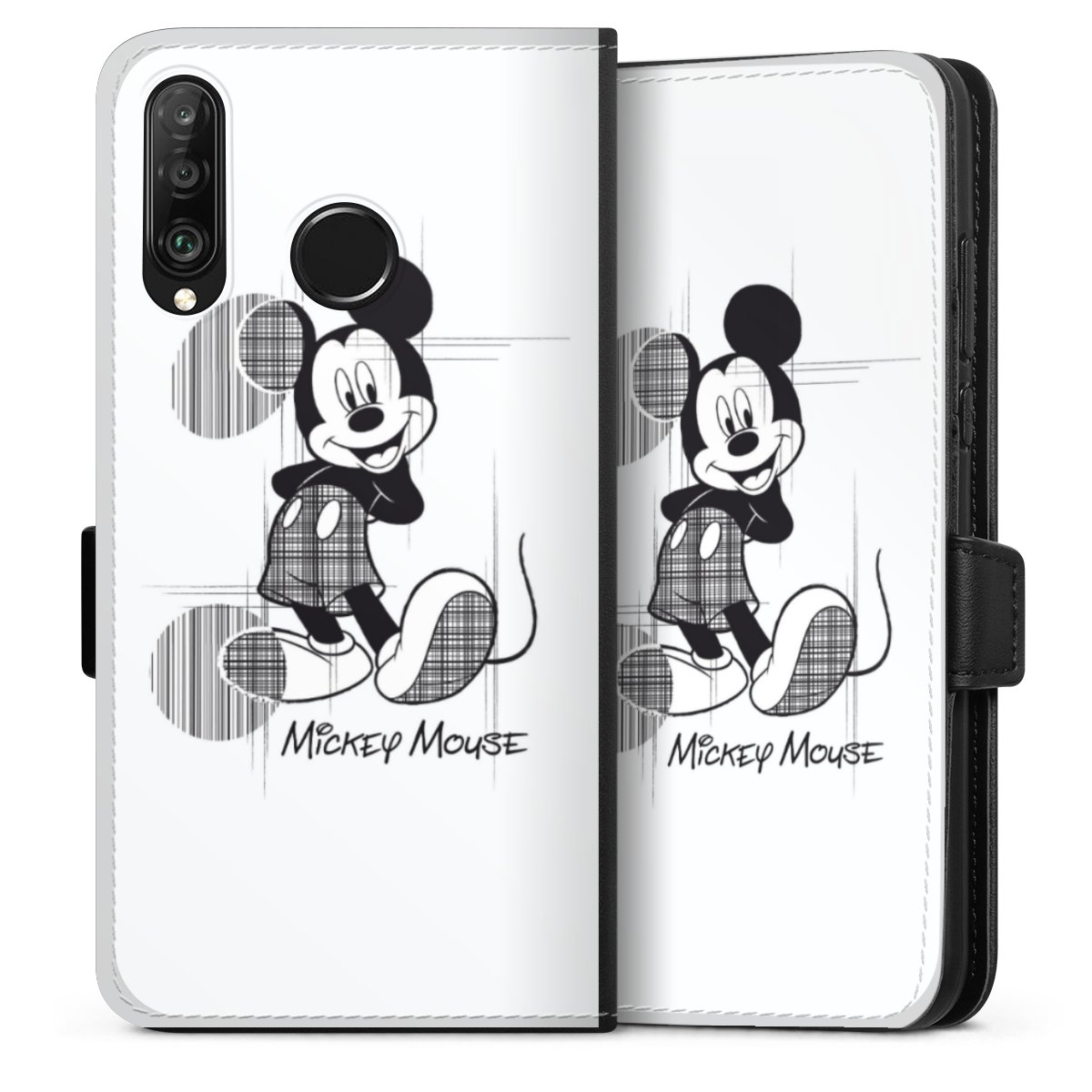 Huawei P30 Lite Handy Klapphülle Handyhülle aus Kunst Leder schwarz Flip Case Disney Official Licensed Product Mickey Mouse Sideflip mit Lasche