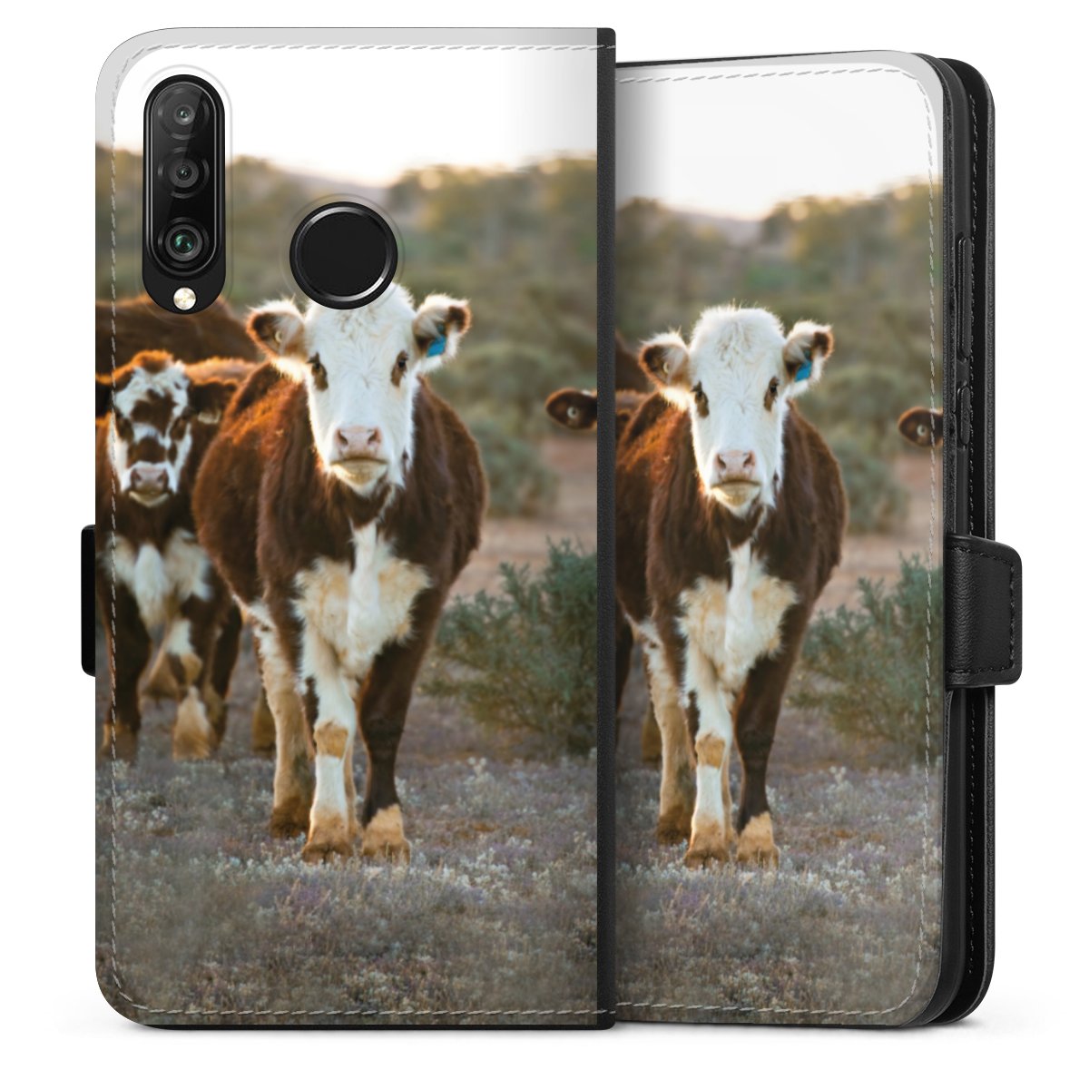 Huawei P30 Lite Handy Klapphülle Handyhülle aus Kunst Leder schwarz Flip Case Cow Farmer Calf Sideflip mit Lasche