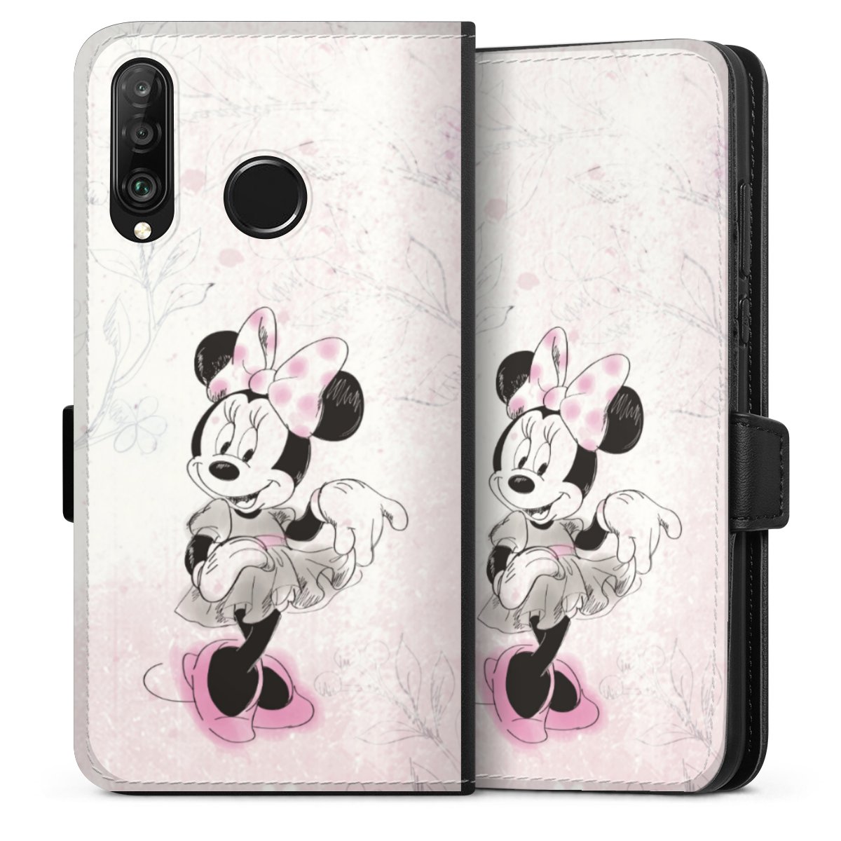 Huawei P30 Lite Handy Klapphülle Handyhülle aus Kunst Leder schwarz Flip Case Disney Minnie Mouse Vintage Sideflip mit Lasche