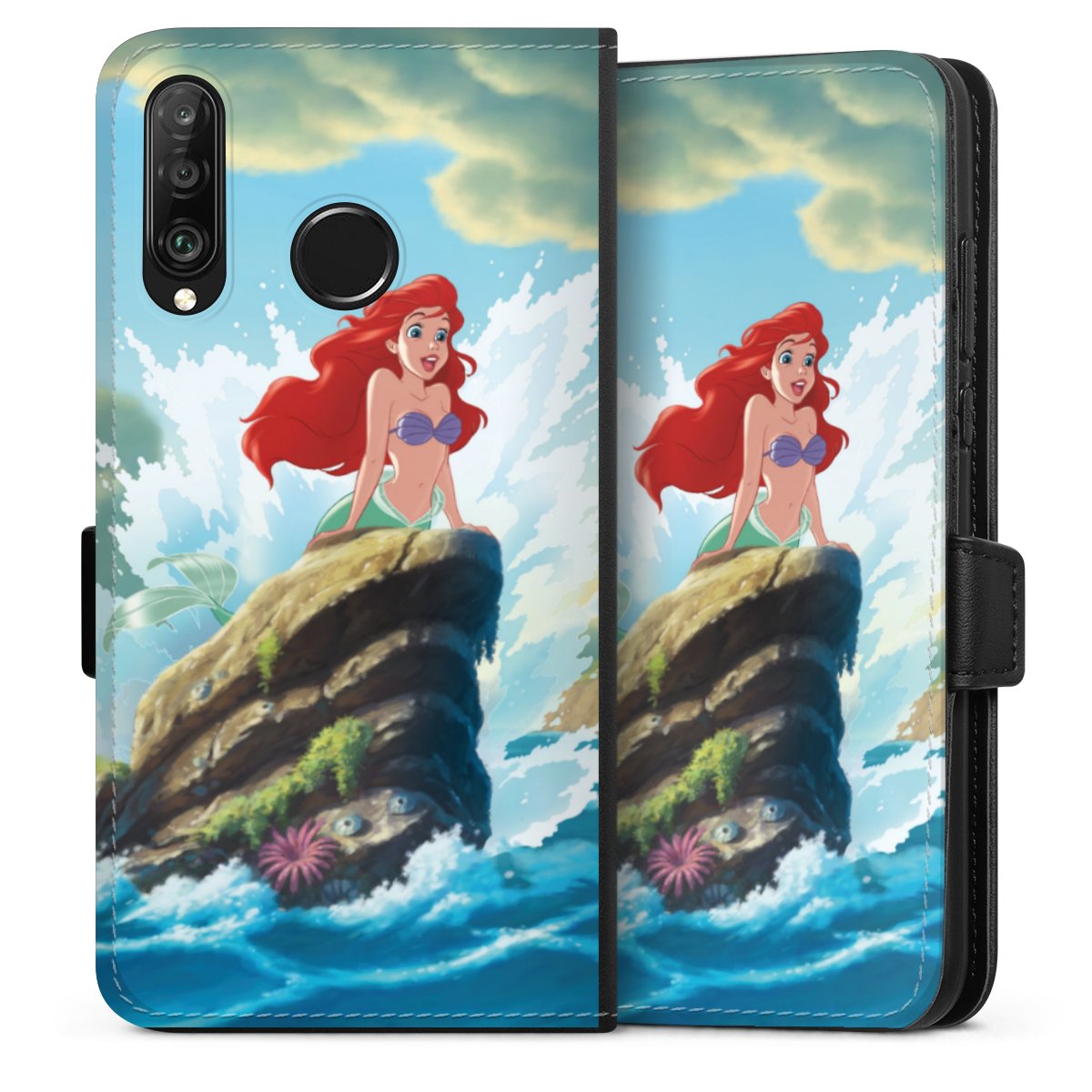 Huawei P30 Lite Handy Klapphülle Handyhülle aus Kunst Leder schwarz Flip Case Mermaid Arielle Die Meerjungfrau Official Licensed Product Sideflip mit Lasche