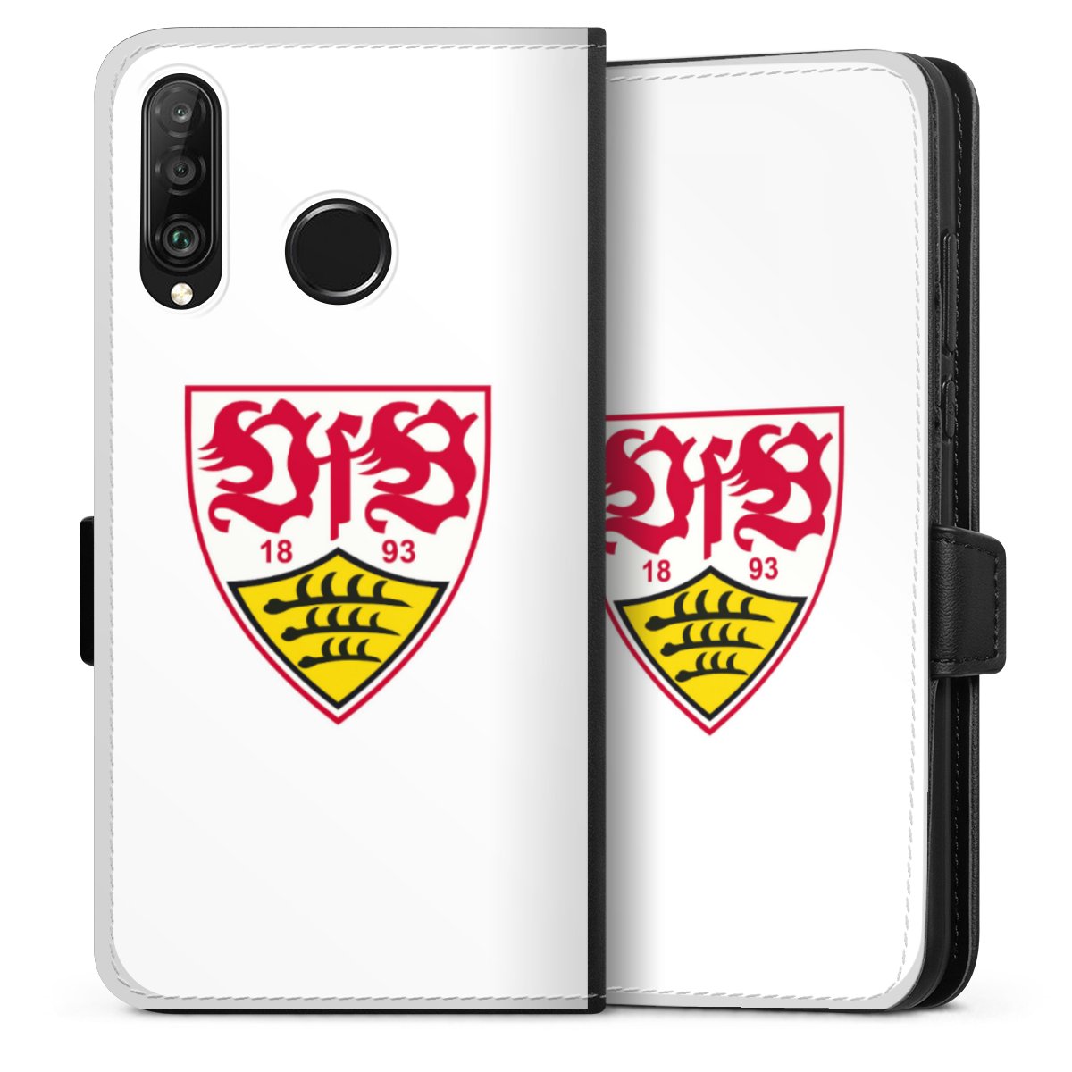 Huawei P30 Lite Handy Klapphülle Handyhülle aus Kunst Leder schwarz Flip Case Logo Official Licensed Product Vfb Stuttgart Sideflip mit Lasche