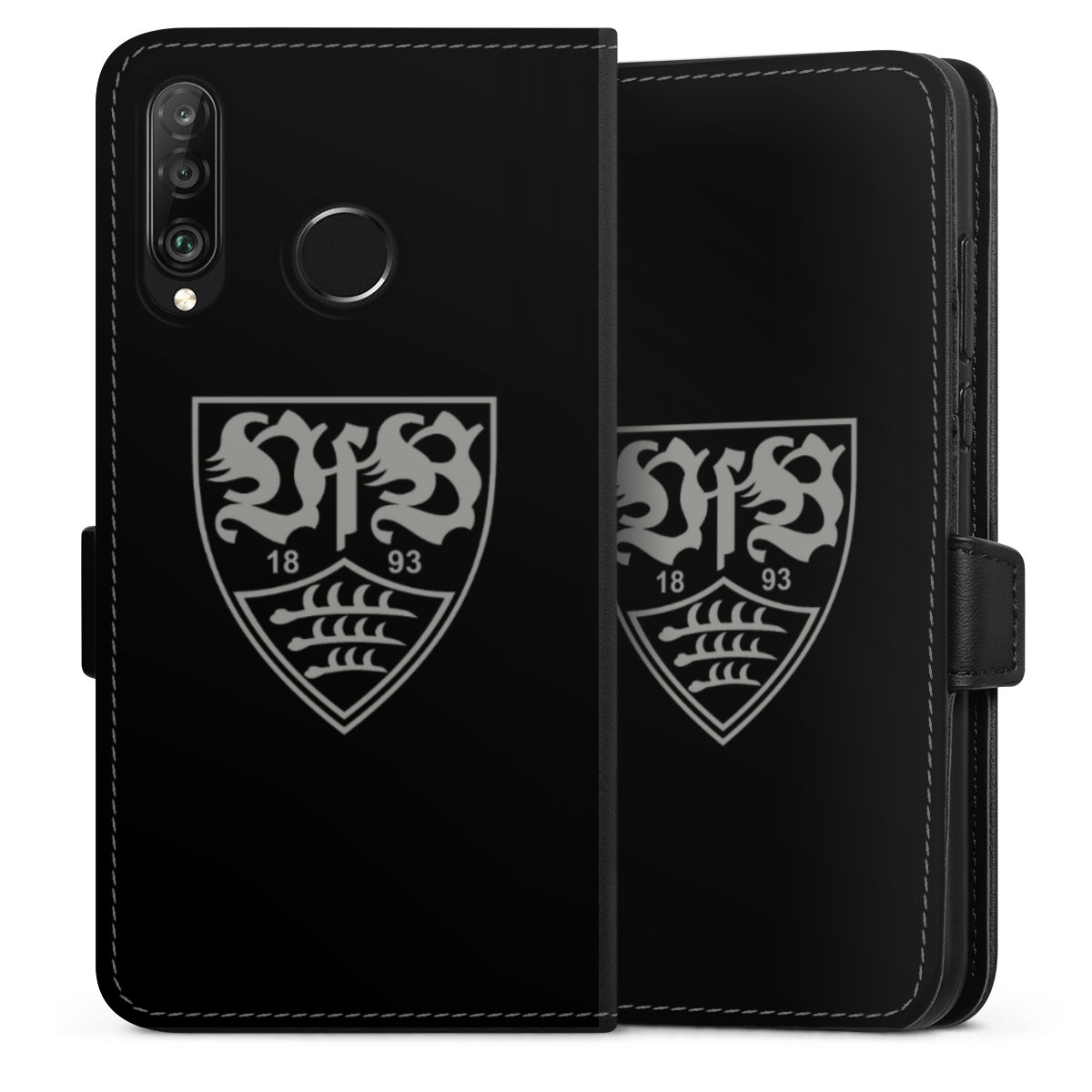 Huawei P30 Lite Handy Klapphülle Handyhülle aus Kunst Leder schwarz Flip Case Official Licensed Product Vfb Stuttgart Sideflip mit Lasche