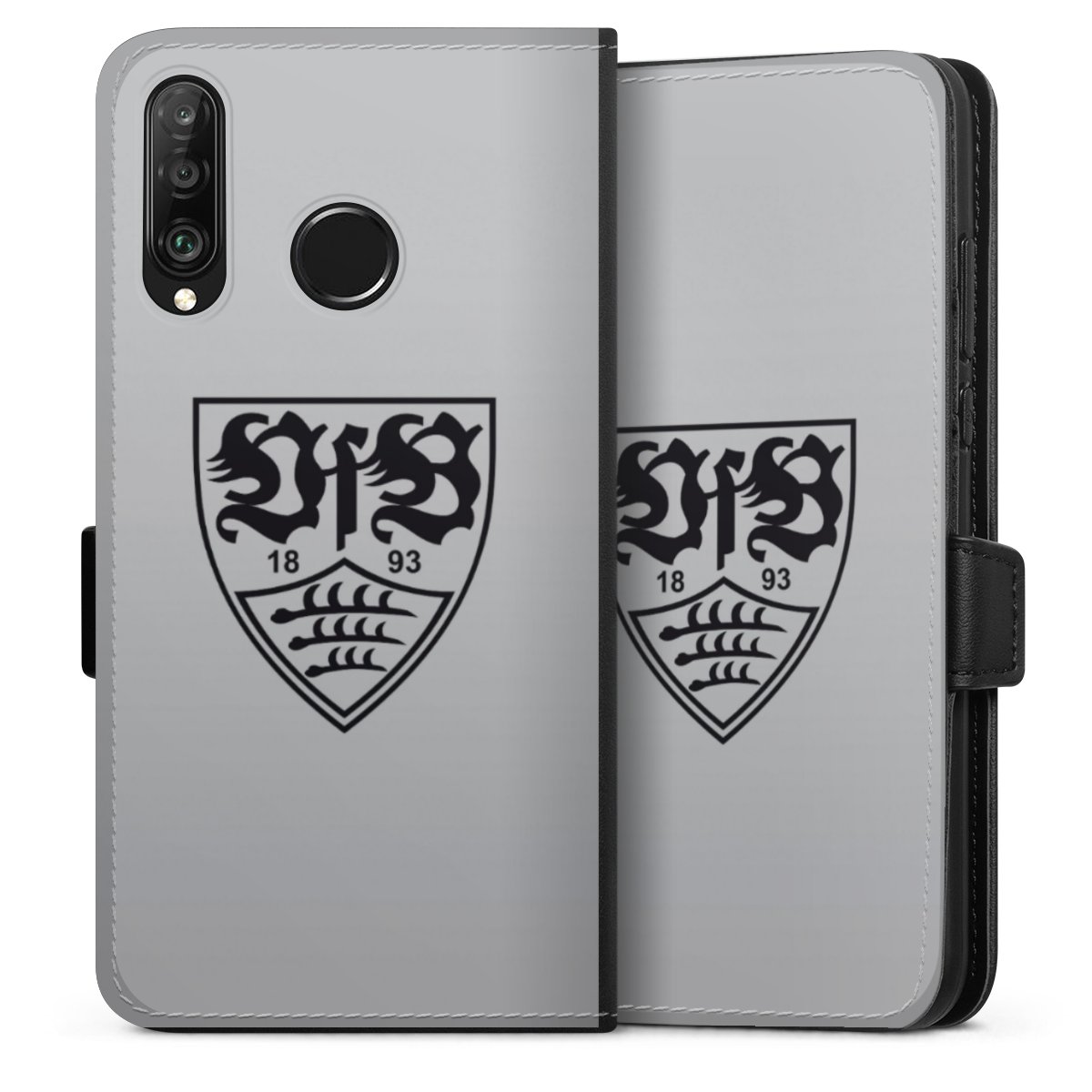 Huawei P30 Lite Handy Klapphülle Handyhülle aus Kunst Leder schwarz Flip Case Logo Vfb Stuttgart Official Licensed Product Sideflip mit Lasche