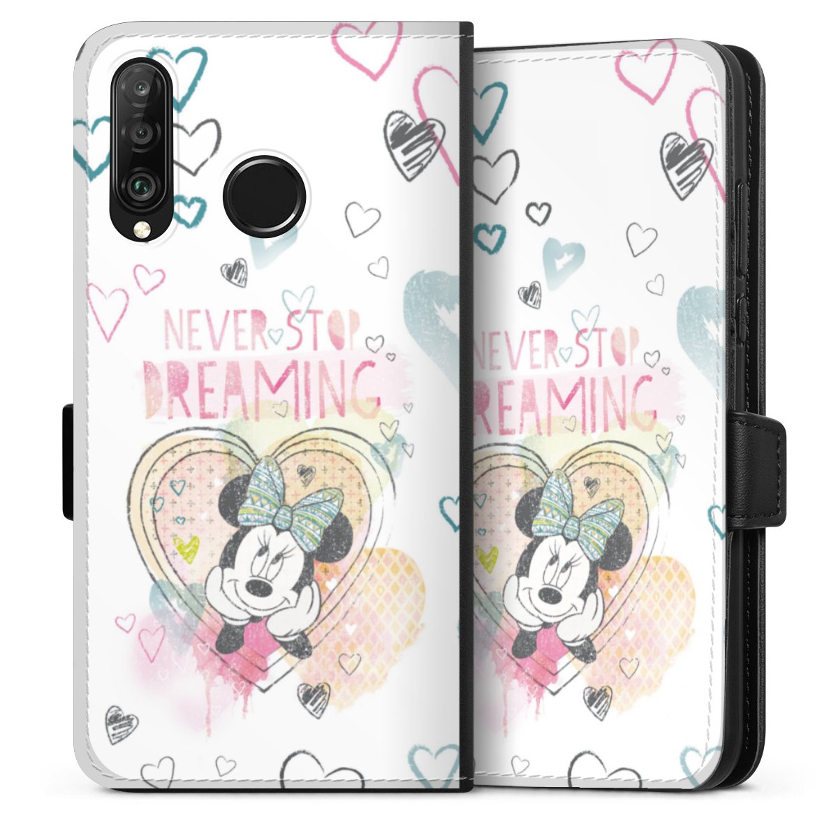 Huawei P30 Lite Handy Klapphülle Handyhülle aus Kunst Leder schwarz Flip Case Disney Official Licensed Product Minnie Mouse Sideflip mit Lasche