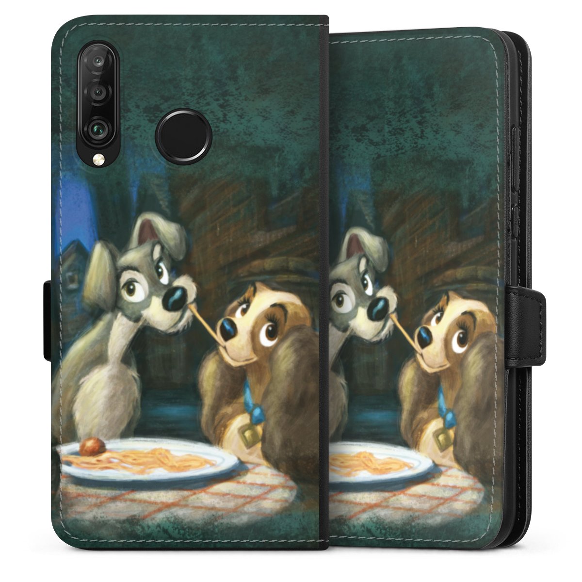 Huawei P30 Lite Handy Klapphülle Handyhülle aus Kunst Leder schwarz Flip Case Lady And The Tramp Official Licensed Product Disney Sideflip mit Lasche