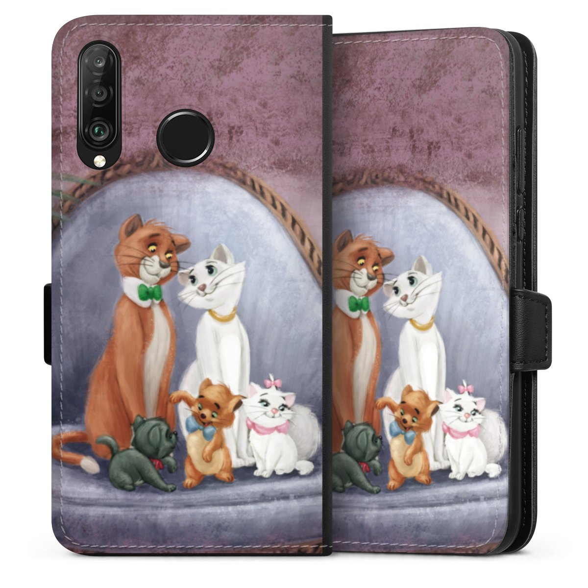 Huawei P30 Lite Handy Klapphülle Handyhülle aus Kunst Leder schwarz Flip Case Official Licensed Product Disney Aristocats Sideflip mit Lasche