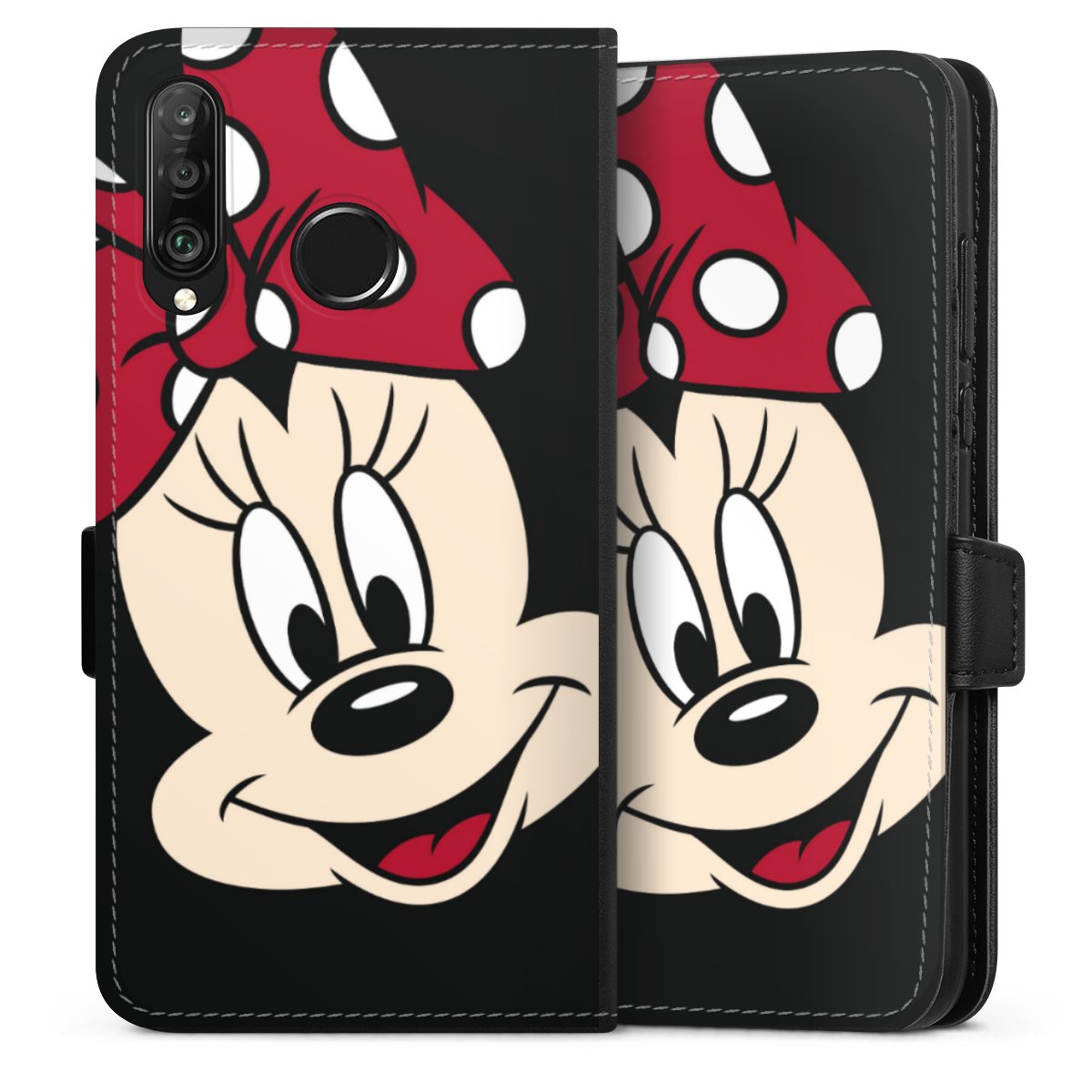 Huawei P30 Lite Handy Klapphülle Handyhülle aus Kunst Leder schwarz Flip Case Minnie Mouse Official Licensed Product Disney Sideflip mit Lasche