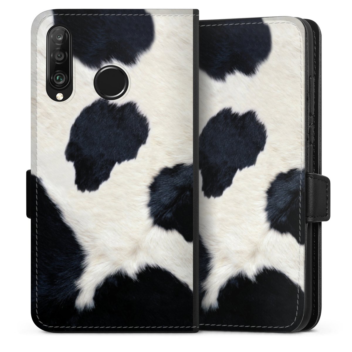 Huawei P30 Lite Handy Klapphülle Handyhülle aus Kunst Leder schwarz Flip Case Animal Look Animal Print Cow Skin Sideflip mit Lasche