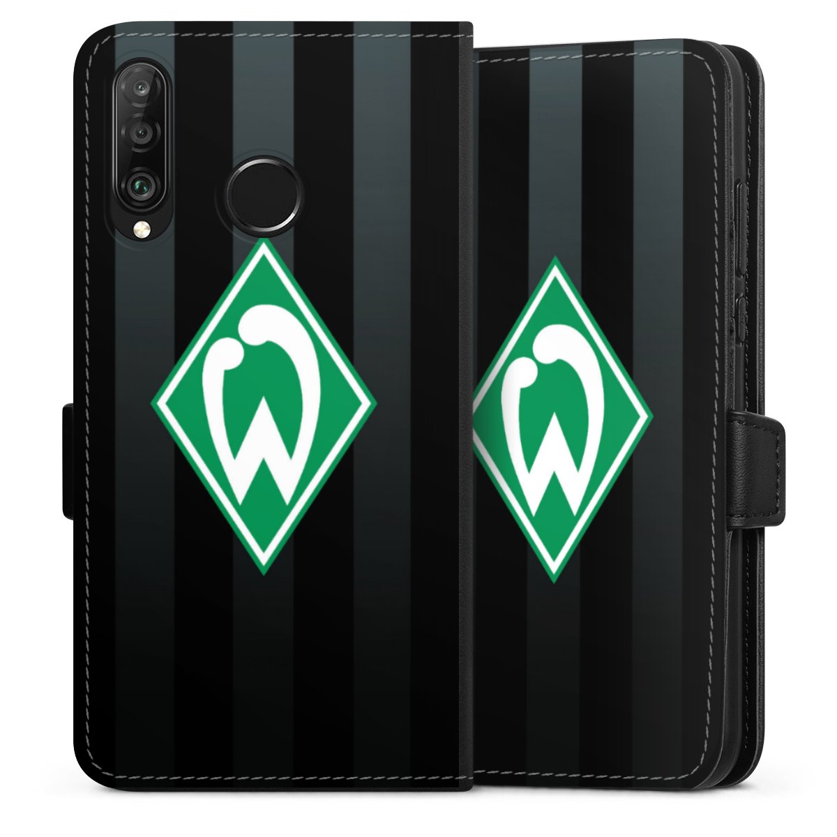 Huawei P30 Lite Handy Klapphülle Handyhülle aus Kunst Leder schwarz Flip Case Stripes Sv Werder Bremen Official Licensed Product Sideflip mit Lasche