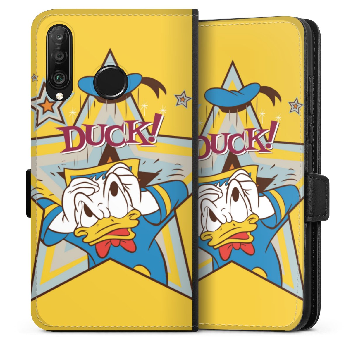 Huawei P30 Lite Handy Klapphülle Handyhülle aus Kunst Leder schwarz Flip Case Official Licensed Product Donald Duck Disney Sideflip mit Lasche