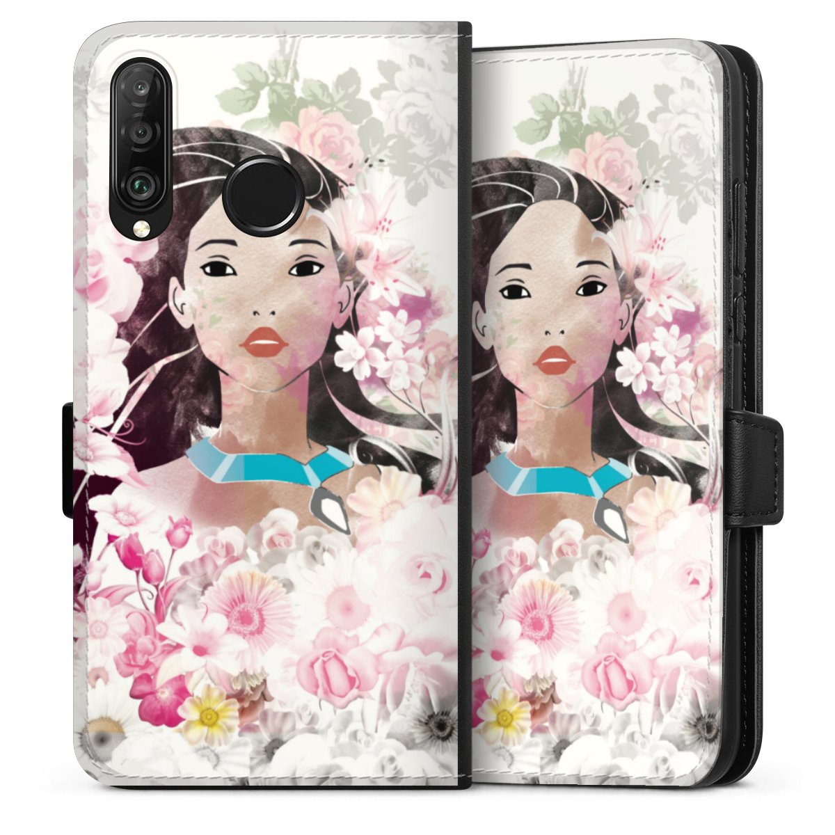 Huawei P30 Lite Handy Klapphülle Handyhülle aus Kunst Leder schwarz Flip Case Pocahontas Official Licensed Product Disney Sideflip mit Lasche