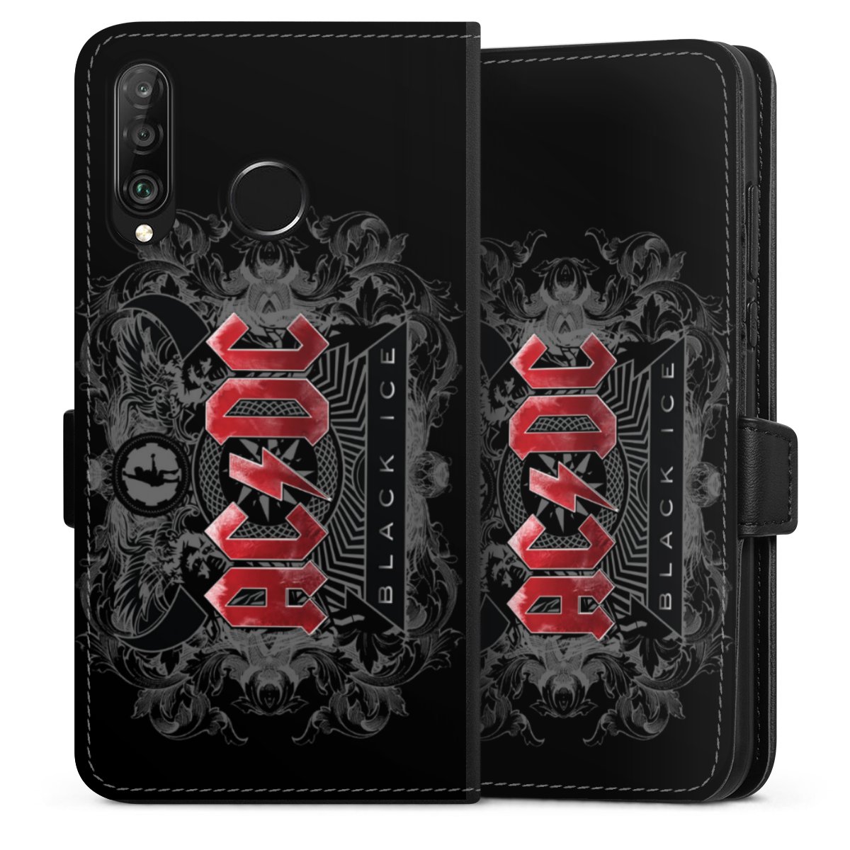 Huawei P30 Lite Handy Klapphülle Handyhülle aus Kunst Leder schwarz Flip Case Merchandise Black Ice Acdc Sideflip mit Lasche