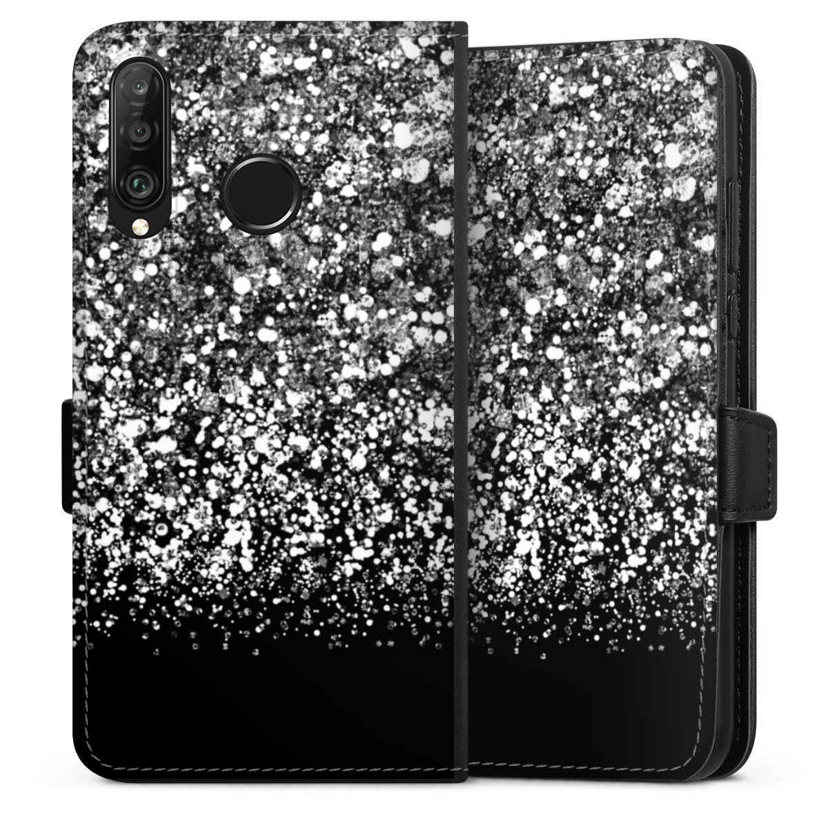 Huawei P30 Lite Handy Klapphülle Handyhülle aus Kunst Leder schwarz Flip Case Glitzer Snowflake Muster Sideflip mit Lasche