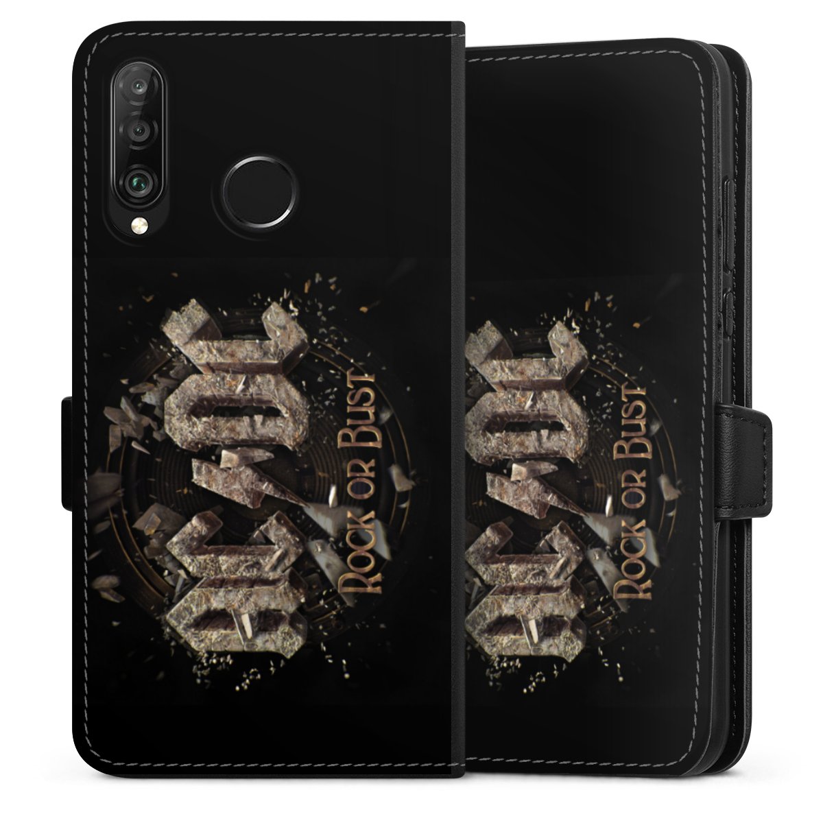 Huawei P30 Lite Handy Klapphülle Handyhülle aus Kunst Leder schwarz Flip Case Acdc Official Licensed Product Rock Or Bust Sideflip mit Lasche