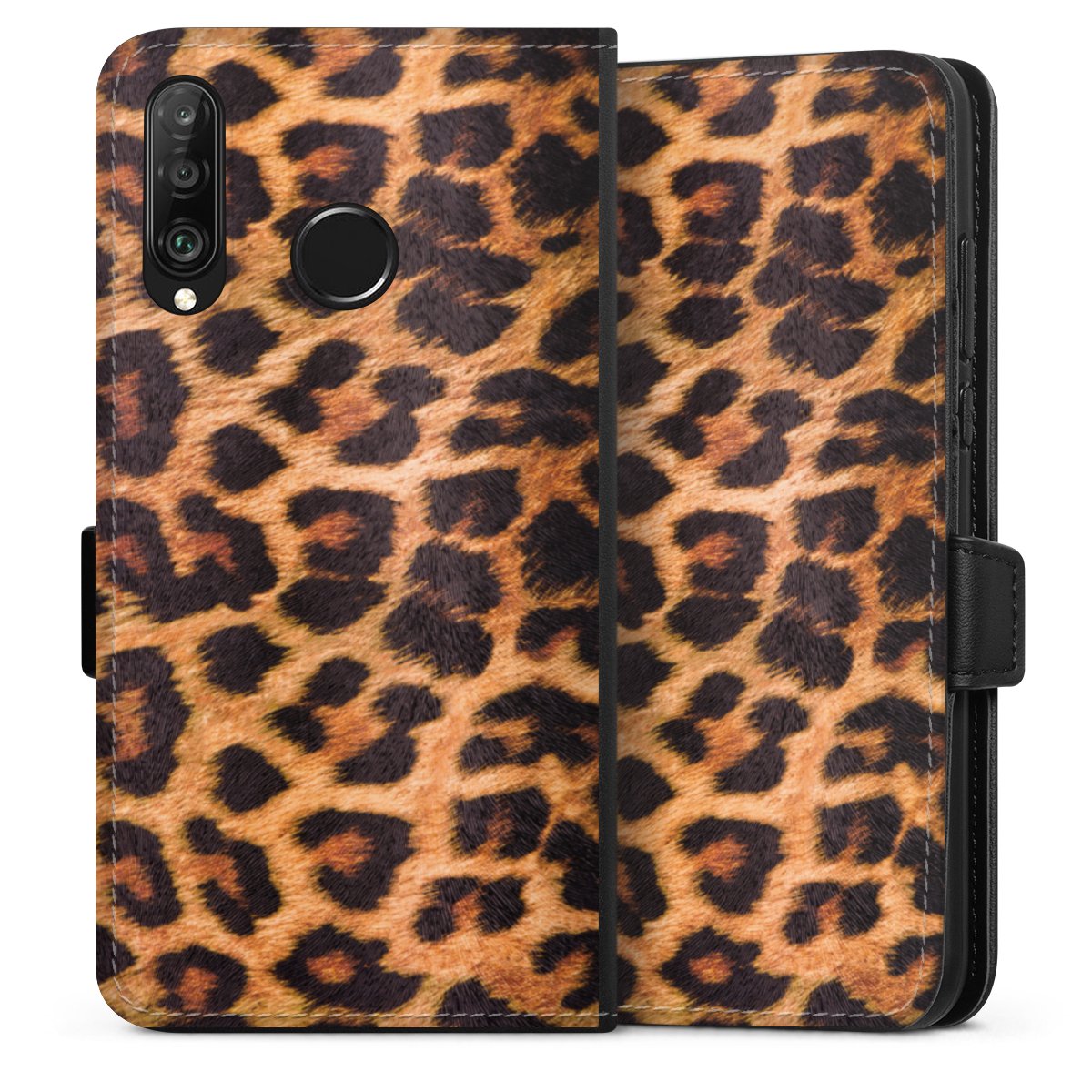 Huawei P30 Lite Handy Klapphülle Handyhülle aus Kunst Leder schwarz Flip Case Animal Print Leopard Fur Sideflip mit Lasche