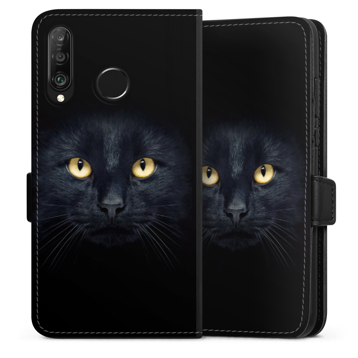 Huawei P30 Lite Handy Klapphülle Handyhülle aus Kunst Leder schwarz Flip Case Eye Cat Black Sideflip mit Lasche