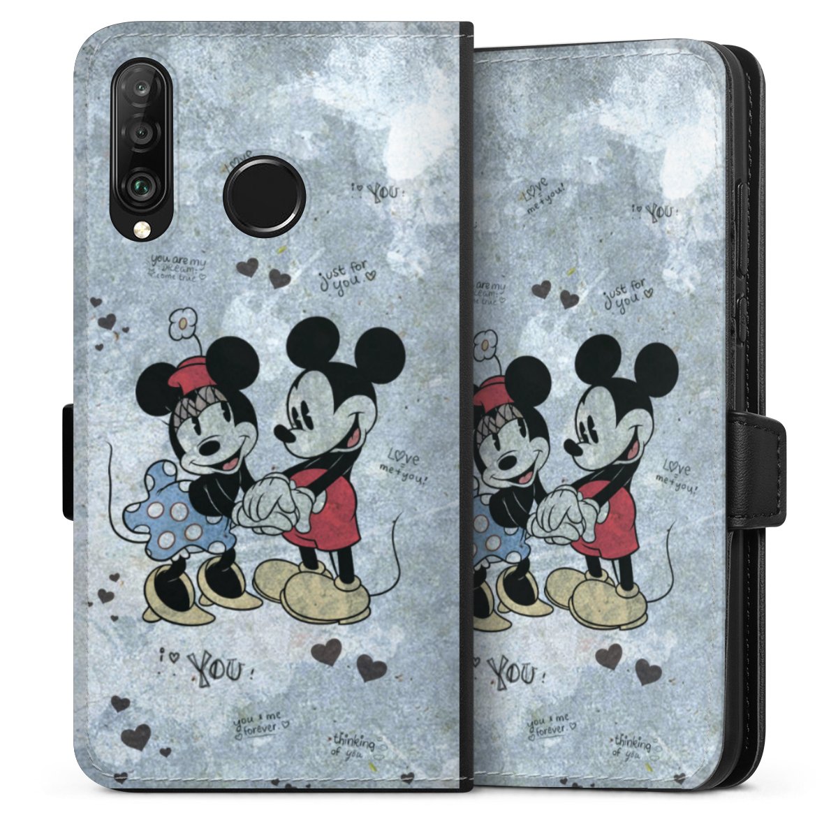 Huawei P30 Lite Handy Klapphülle Handyhülle aus Kunst Leder schwarz Flip Case Mickey & Minnie Mouse Vintage Disney Sideflip mit Lasche