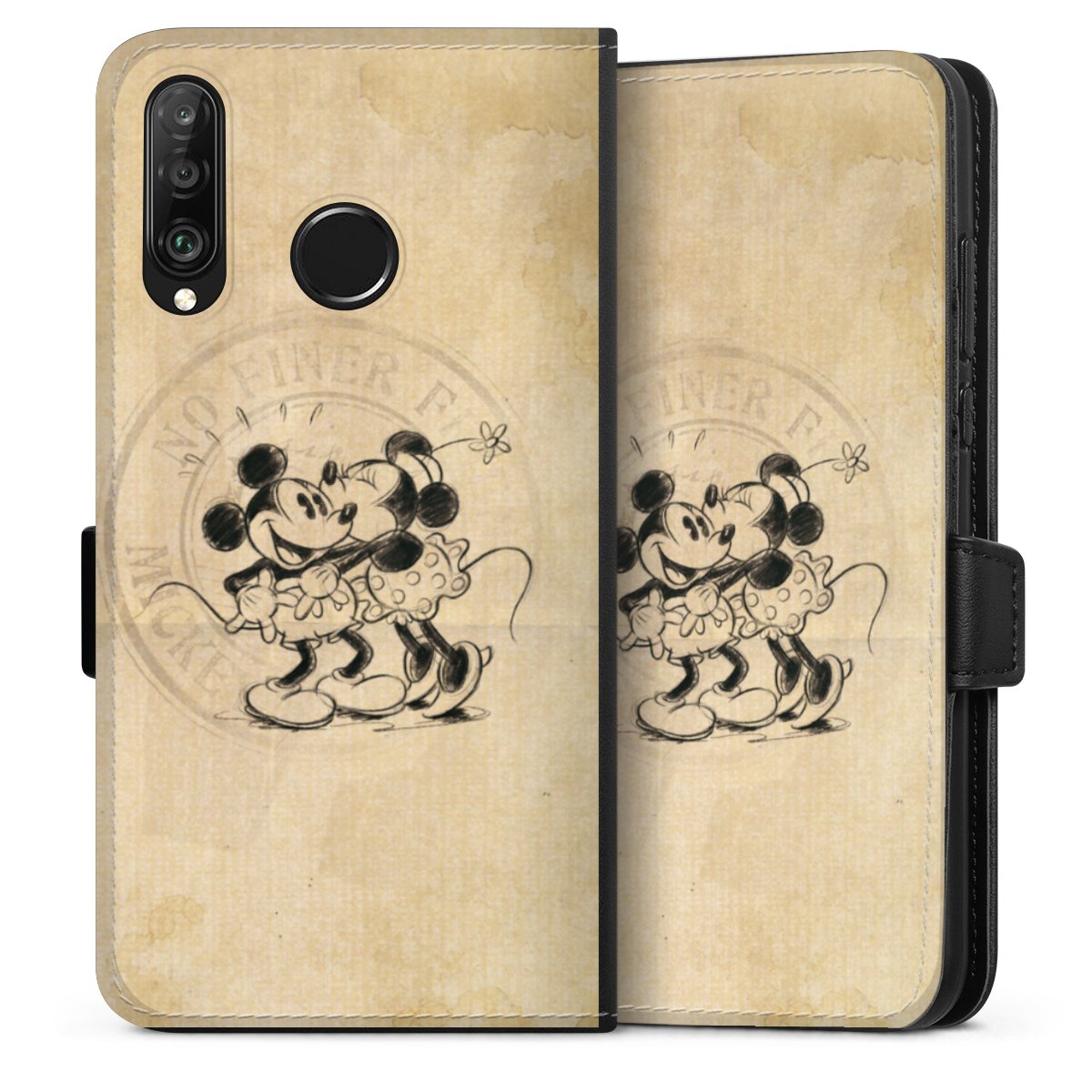 Huawei P30 Lite Handy Klapphülle Handyhülle aus Kunst Leder schwarz Flip Case Mickey Mouse Vintage Minnie Mouse Sideflip mit Lasche