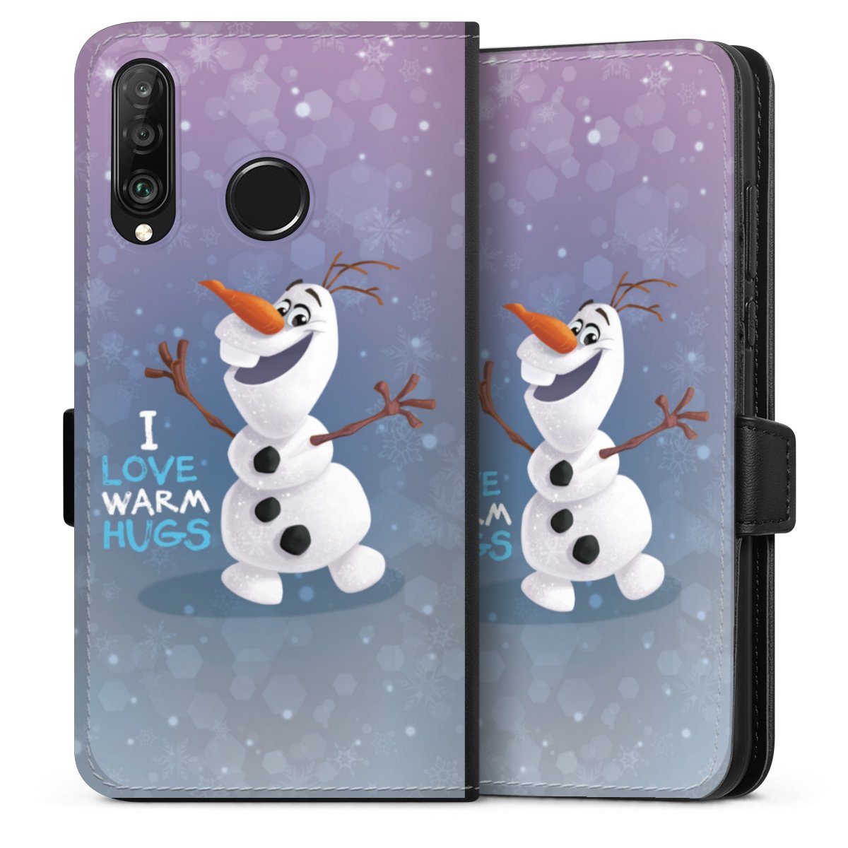 Huawei P30 Lite Handy Klapphülle Handyhülle aus Kunst Leder schwarz Flip Case Frozen Frozen Olaf Official Licensed Product Sideflip mit Lasche