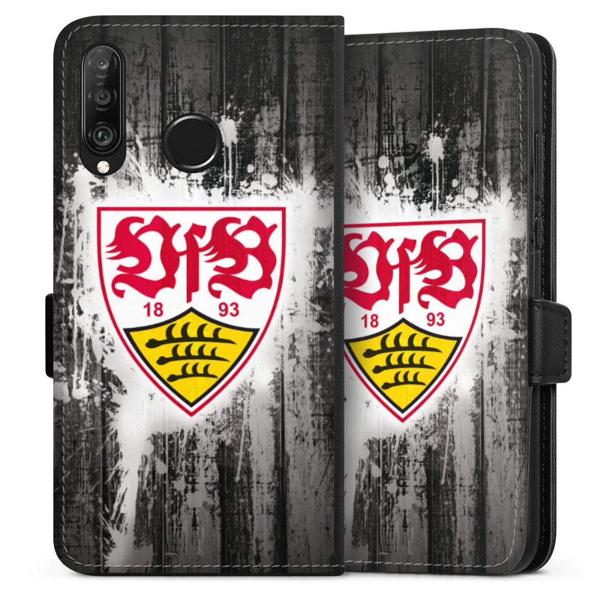 Huawei P30 Lite Handy Klapphülle Handyhülle aus Kunst Leder schwarz Flip Case Vfb Stuttgart Official Licensed Product Sideflip mit Lasche