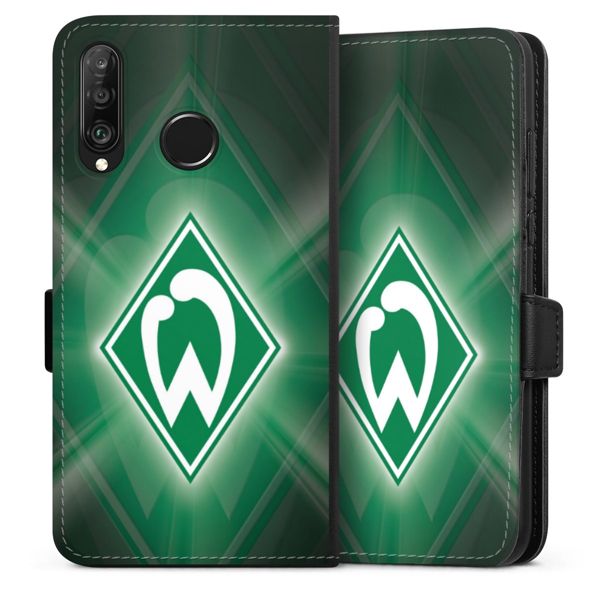 Huawei P30 Lite Handy Klapphülle Handyhülle aus Kunst Leder schwarz Flip Case Sv Werder Bremen Official Licensed Product Coat Of Arms Sideflip mit Lasche