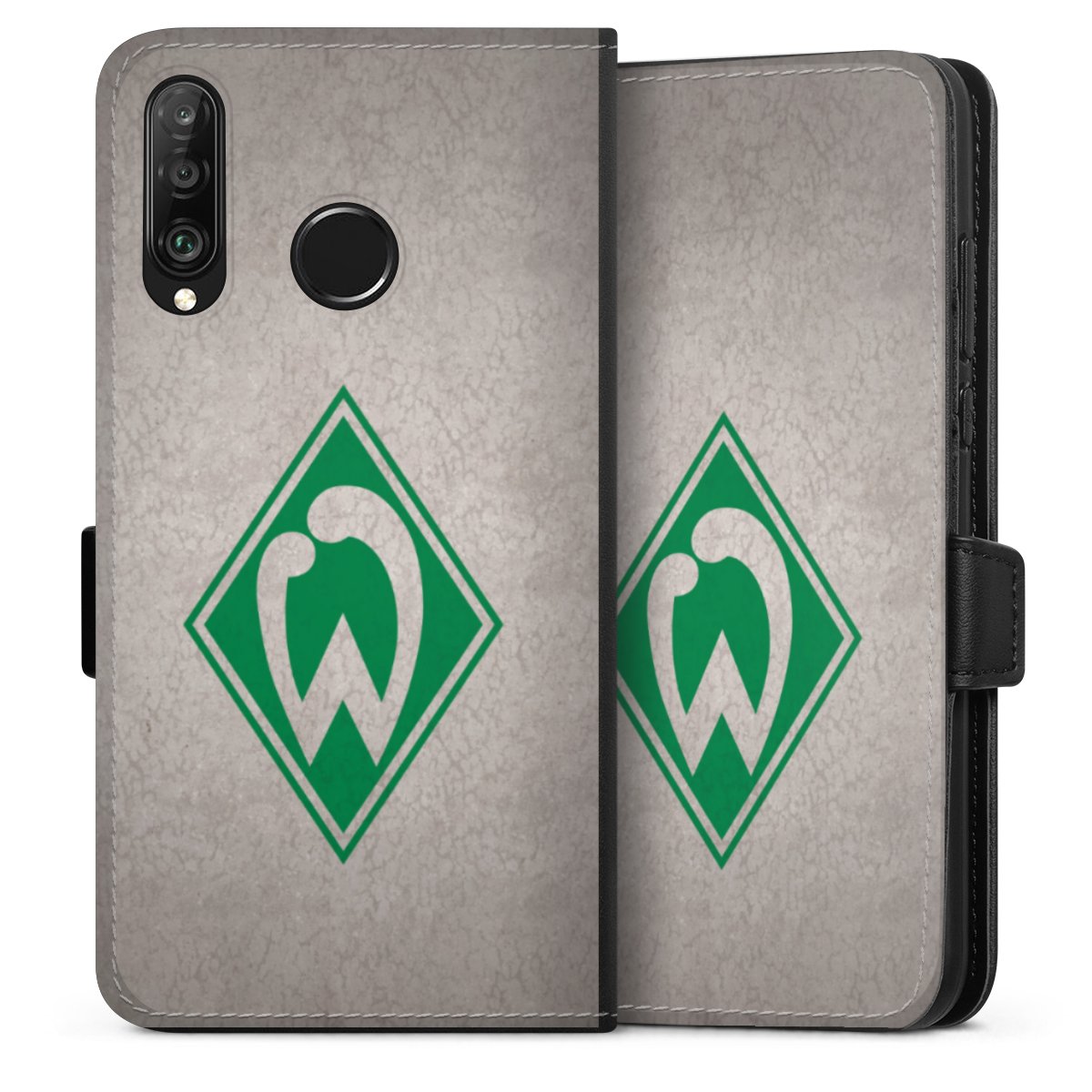 Huawei P30 Lite Handy Klapphülle Handyhülle aus Kunst Leder schwarz Flip Case Sv Werder Bremen Concrete Official Licensed Product Sideflip mit Lasche