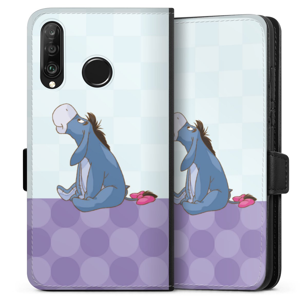 Huawei P30 Lite Handy Klapphülle Handyhülle aus Kunst Leder schwarz Flip Case Disney Donkey Winnie The Pooh Sideflip mit Lasche