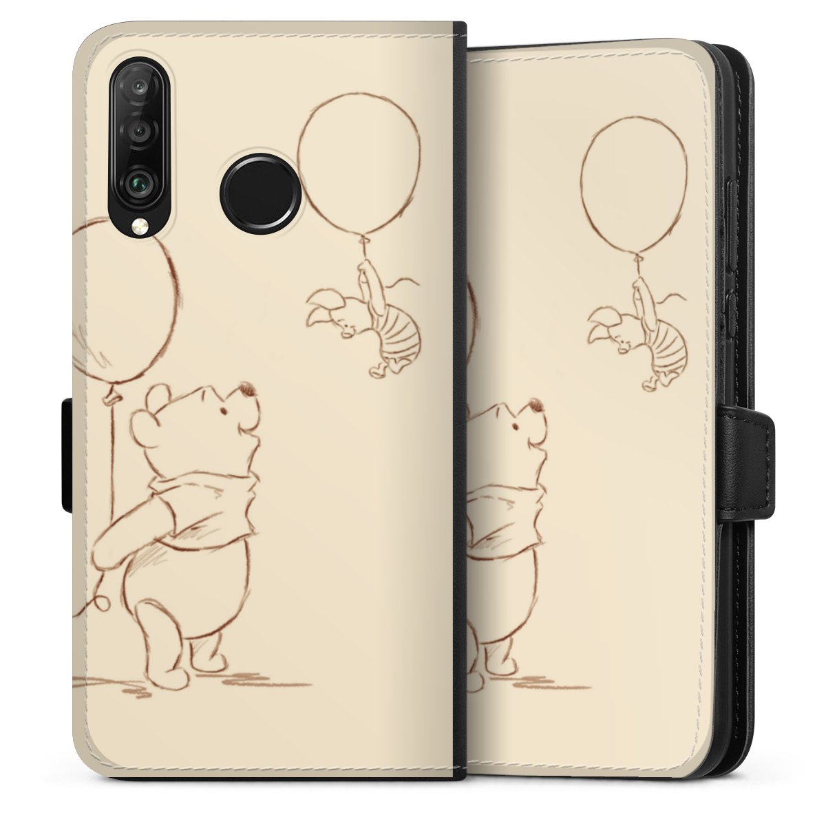 Huawei P30 Lite Handy Klapphülle Handyhülle aus Kunst Leder schwarz Flip Case Official Licensed Product Winnie The Pooh Disney Sideflip mit Lasche