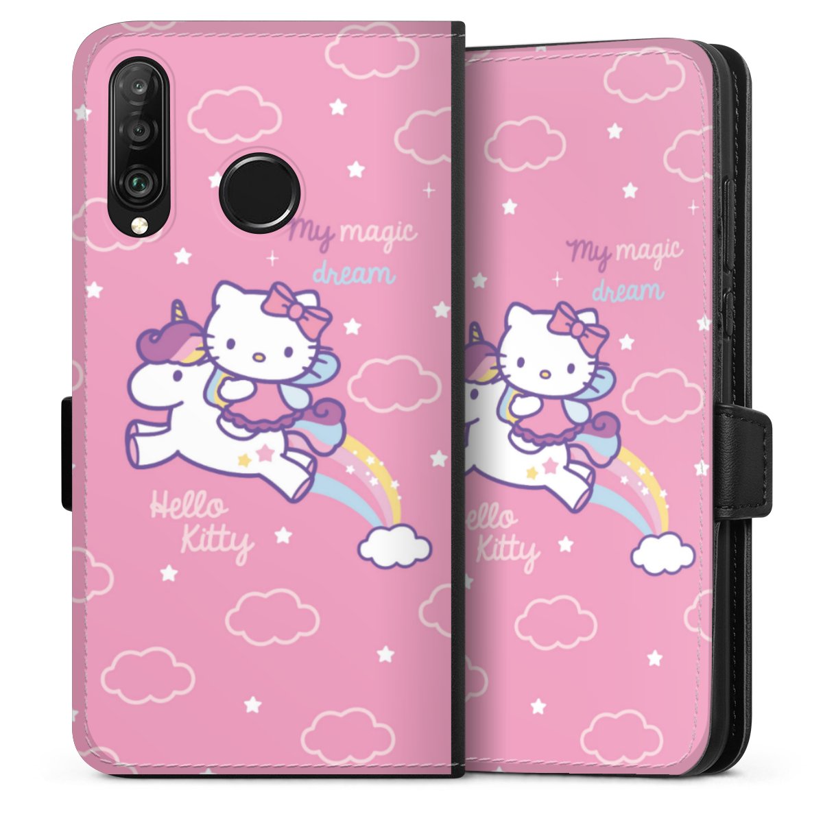 Huawei P30 Lite Handy Klapphülle Handyhülle aus Kunst Leder schwarz Flip Case Einhorn Official Licensed Product Hello Kitty Sideflip mit Lasche