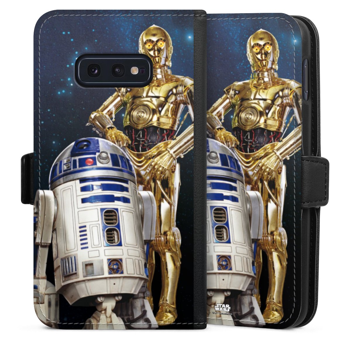 Galaxy S10e Handy Klapphülle Handyhülle aus Kunst Leder schwarz Flip Case Weltall Star Wars R2d2 Sideflip mit Lasche