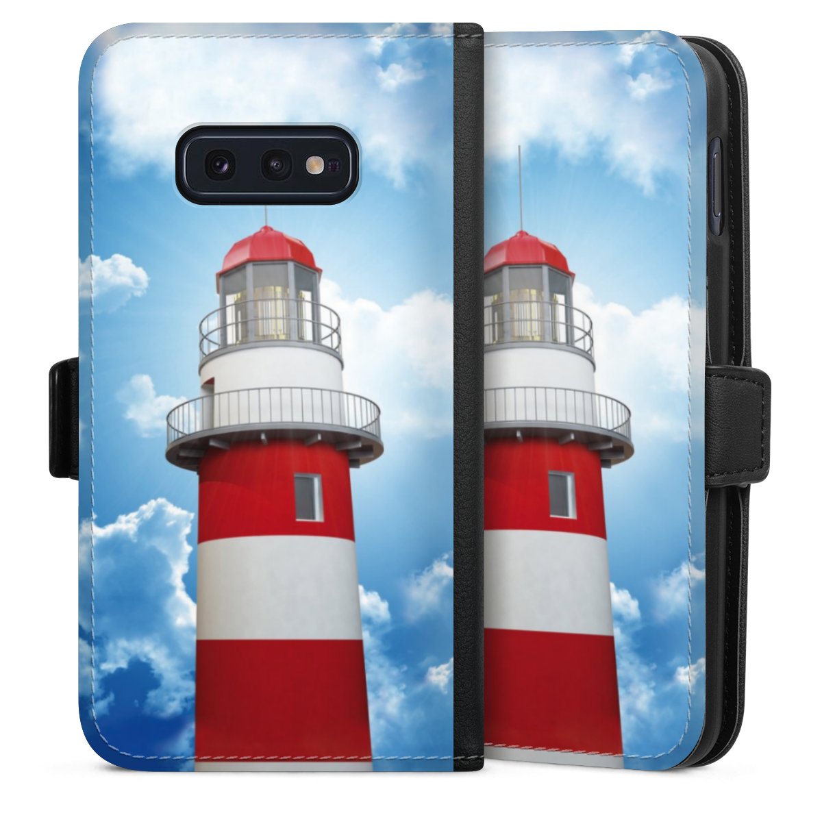 Galaxy S10e Handy Klapphülle Handyhülle aus Kunst Leder schwarz Flip Case Lighthouse Sky Cloud Sideflip mit Lasche