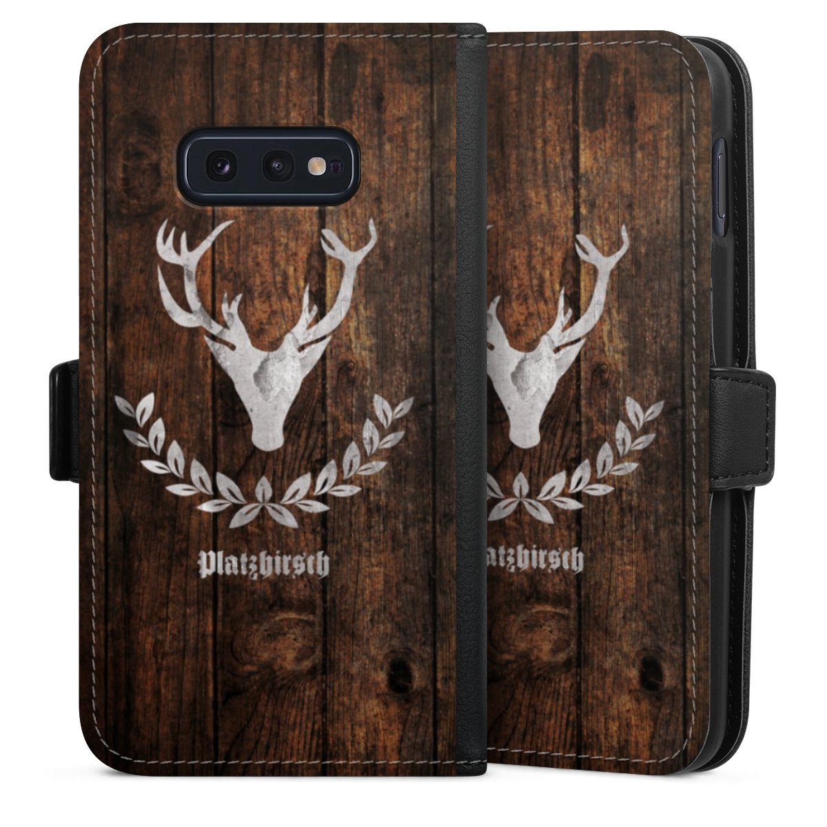 Galaxy S10e Handy Klapphülle Handyhülle aus Kunst Leder schwarz Flip Case Deer Wood Wooden Look Sideflip mit Lasche