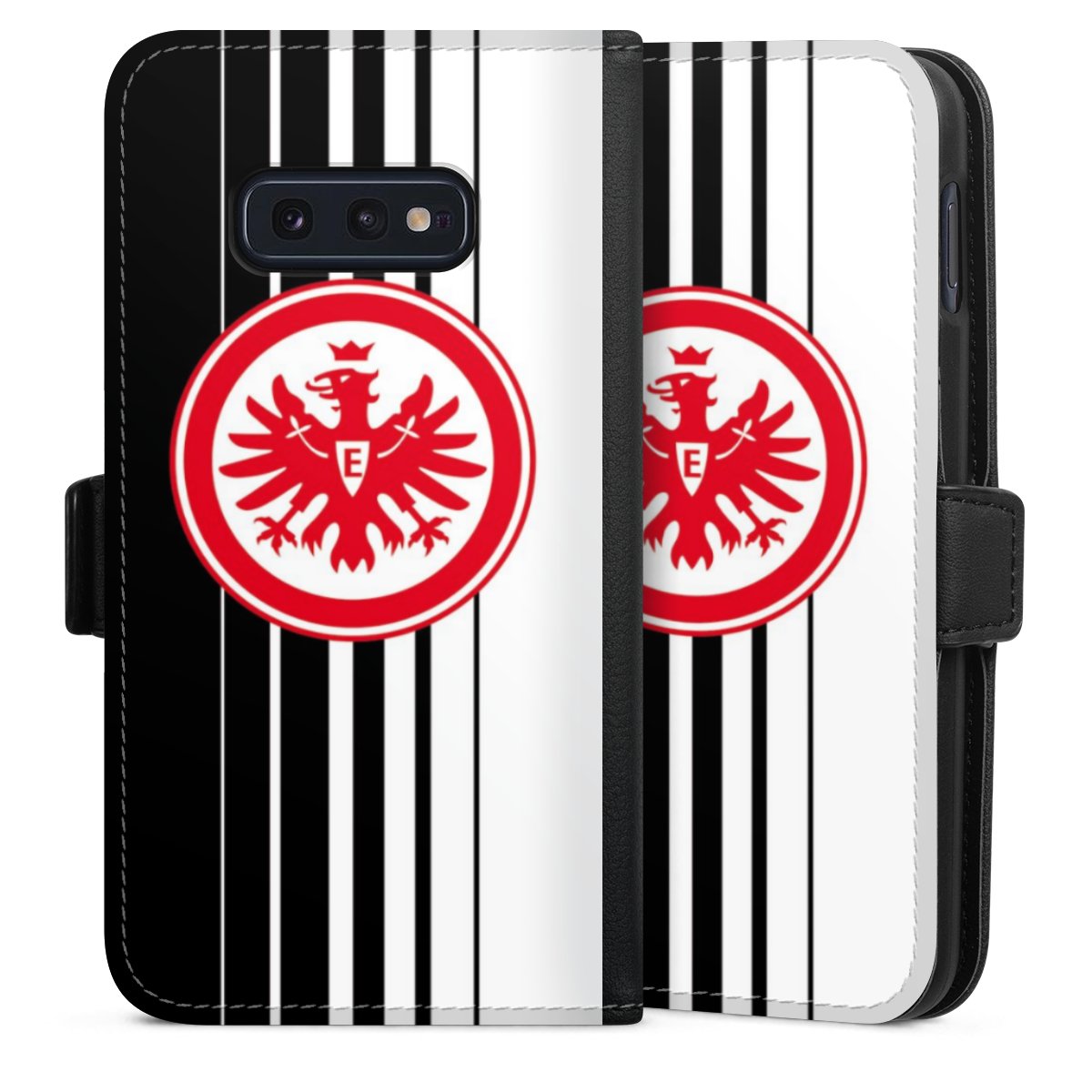 Galaxy S10e Handy Klapphülle Handyhülle aus Kunst Leder schwarz Flip Case Stripes Eintracht Frankfurt Official Licensed Product Sideflip mit Lasche