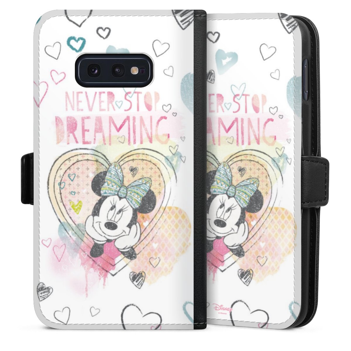 Galaxy S10e Handy Klapphülle Handyhülle aus Kunst Leder schwarz Flip Case Disney Official Licensed Product Minnie Mouse Sideflip mit Lasche