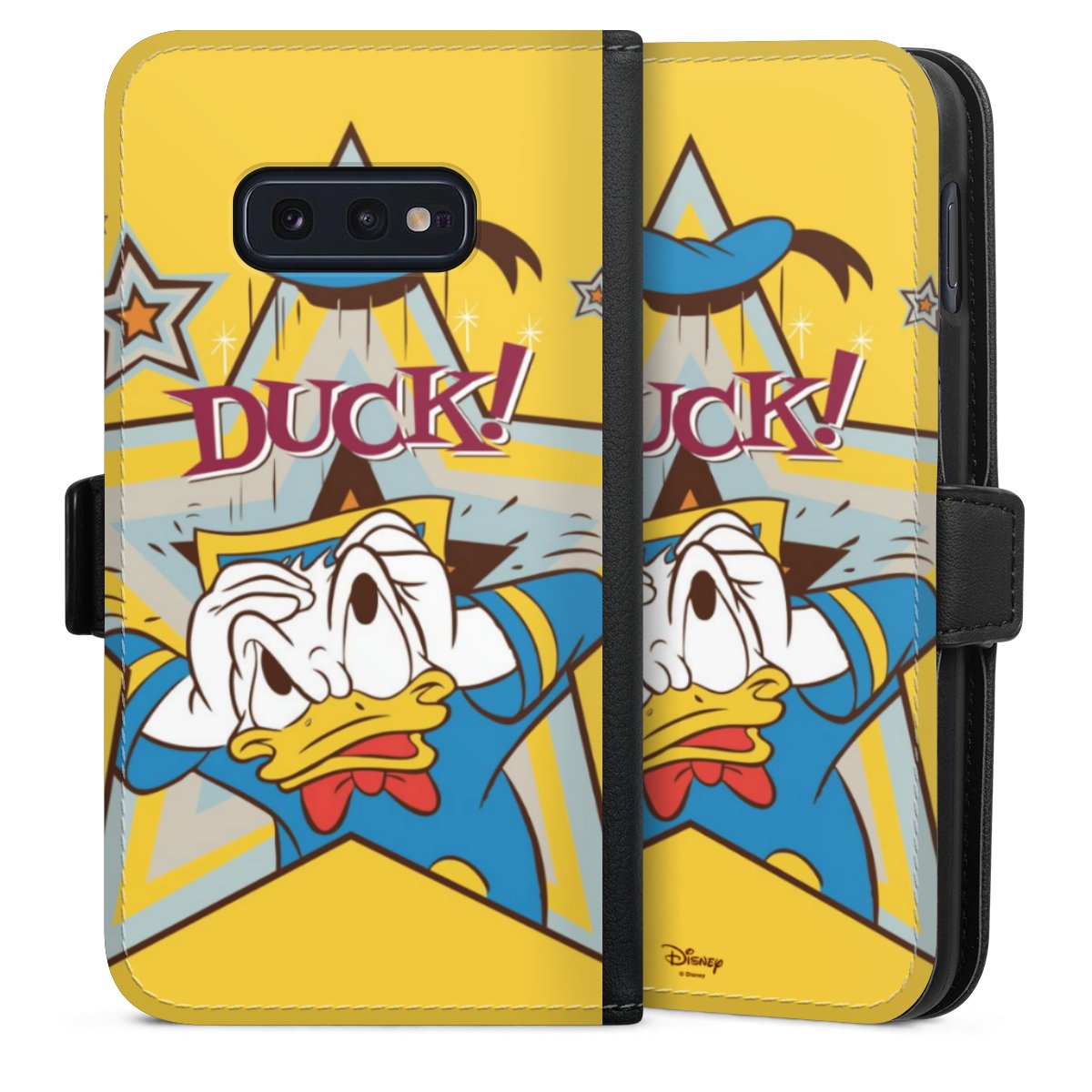 Galaxy S10e Handy Klapphülle Handyhülle aus Kunst Leder schwarz Flip Case Official Licensed Product Donald Duck Disney Sideflip mit Lasche