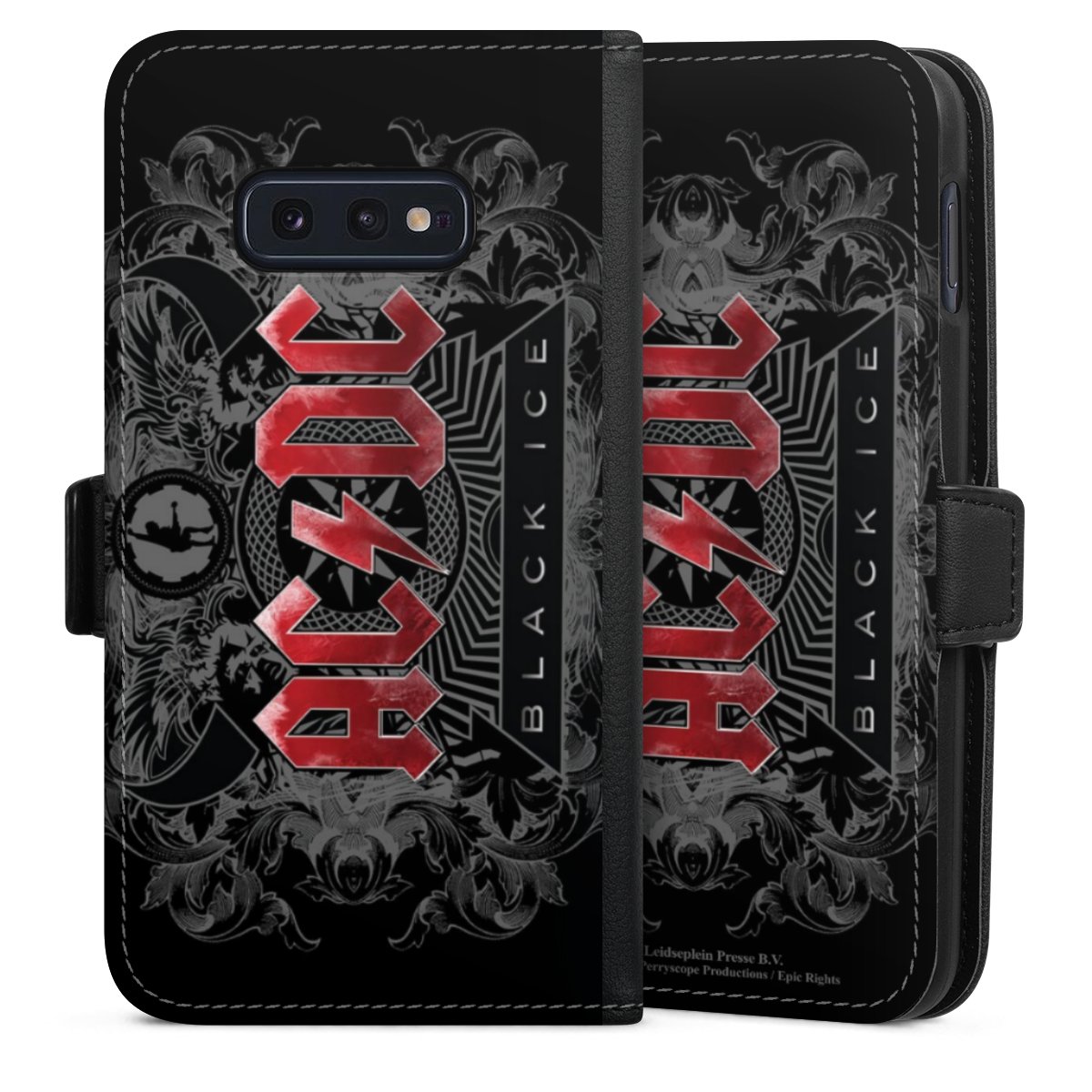 Galaxy S10e Handy Klapphülle Handyhülle aus Kunst Leder schwarz Flip Case Merchandise Black Ice Acdc Sideflip mit Lasche