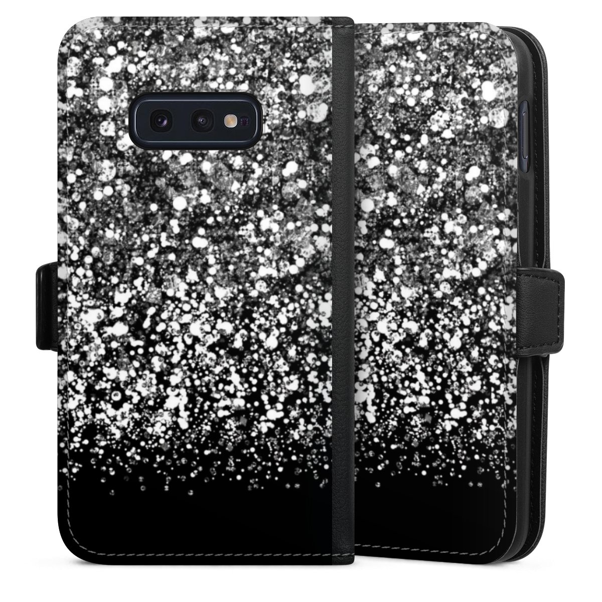 Galaxy S10e Handy Klapphülle Handyhülle aus Kunst Leder schwarz Flip Case Glitzer Snowflake Muster Sideflip mit Lasche