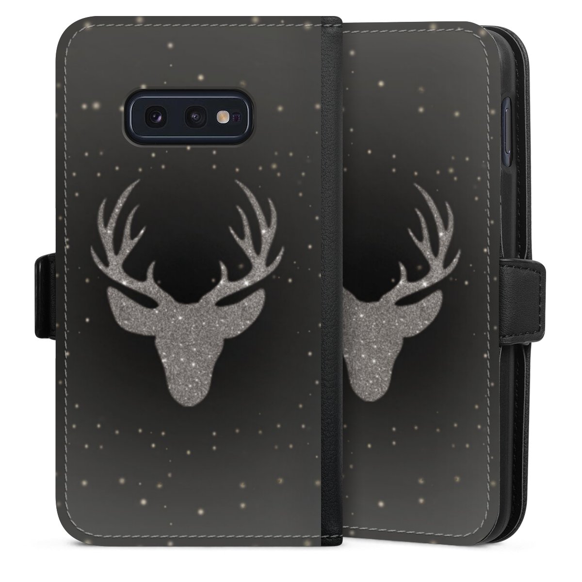 Galaxy S10e Handy Klapphülle Handyhülle aus Kunst Leder schwarz Flip Case Winter Deer Glitzer Sideflip mit Lasche