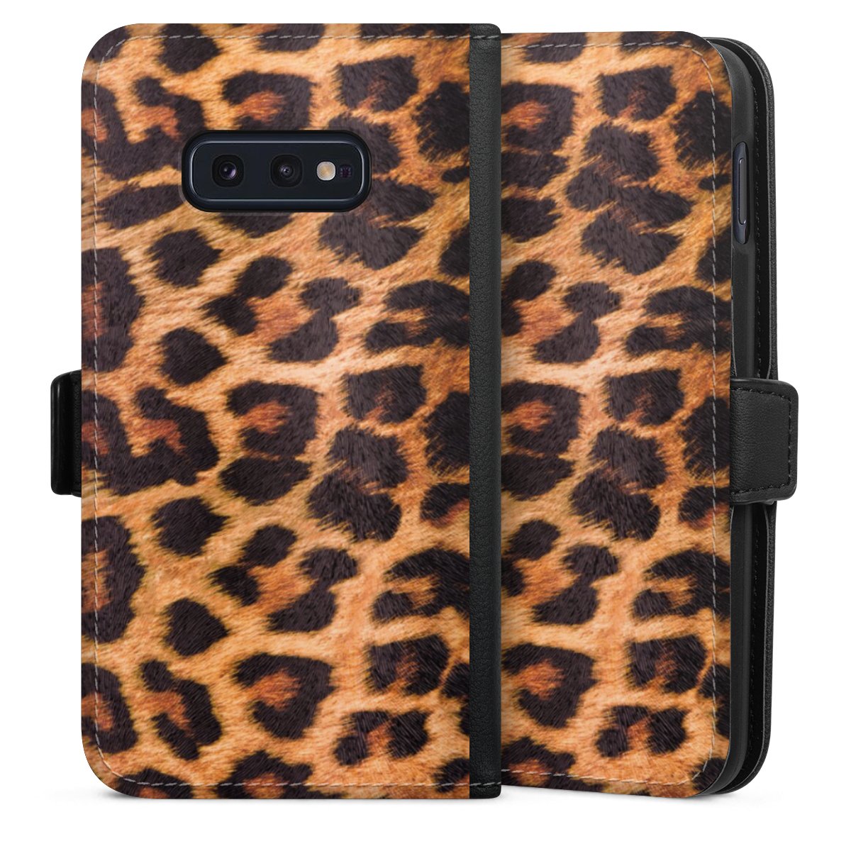 Galaxy S10e Handy Klapphülle Handyhülle aus Kunst Leder schwarz Flip Case Animal Print Leopard Fur Sideflip mit Lasche