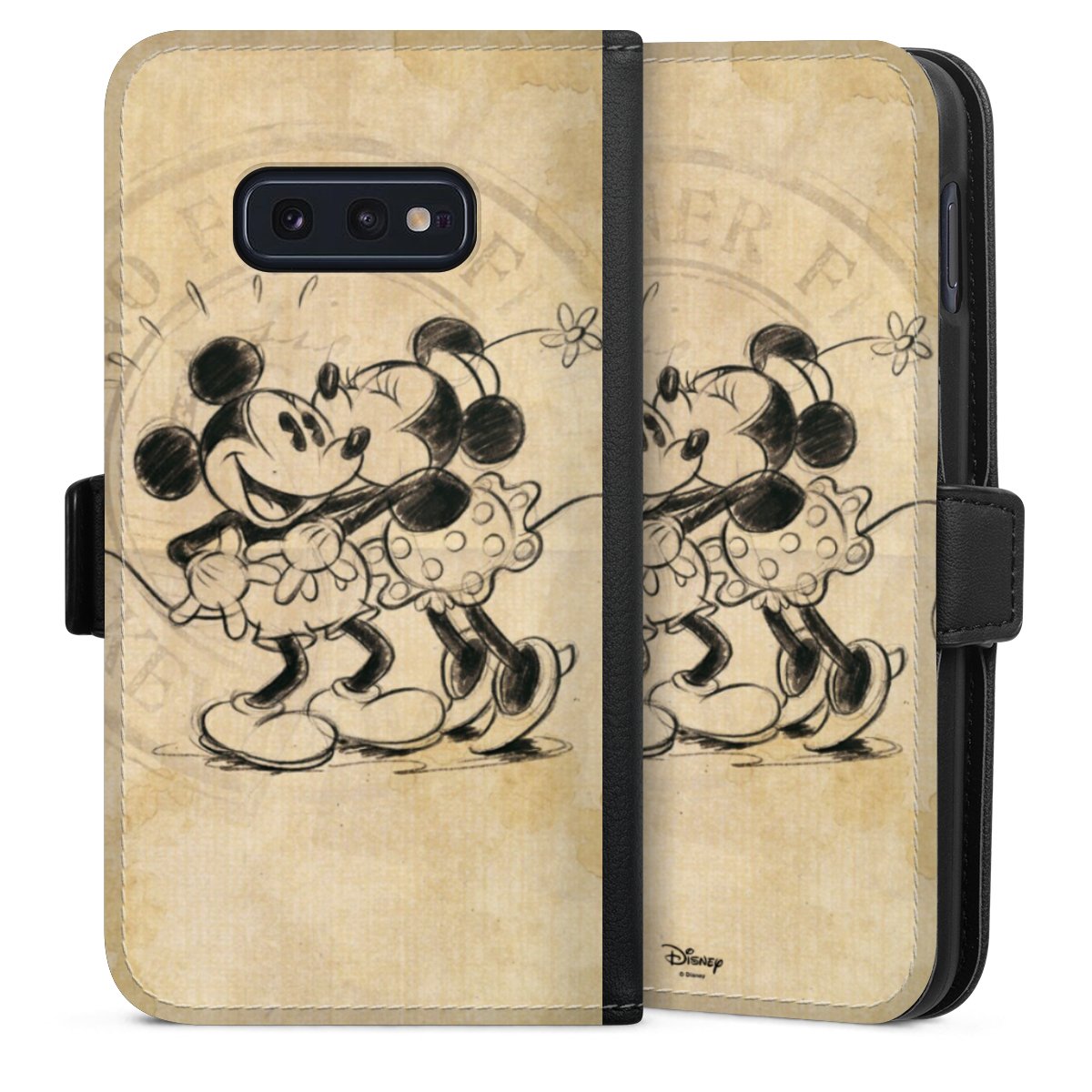 Galaxy S10e Handy Klapphülle Handyhülle aus Kunst Leder schwarz Flip Case Mickey Mouse Vintage Minnie Mouse Sideflip mit Lasche