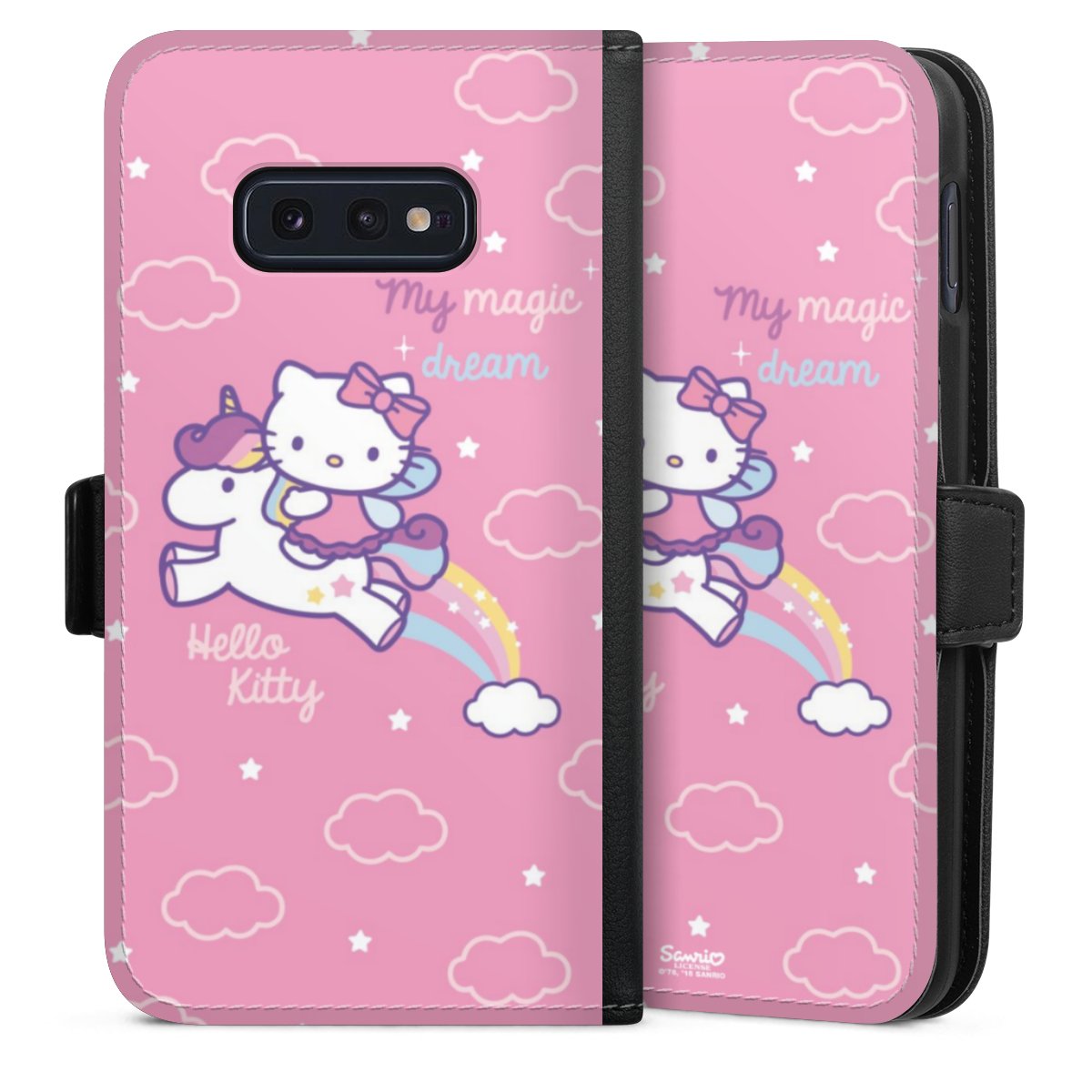 Galaxy S10e Handy Klapphülle Handyhülle aus Kunst Leder schwarz Flip Case Einhorn Official Licensed Product Hello Kitty Sideflip mit Lasche