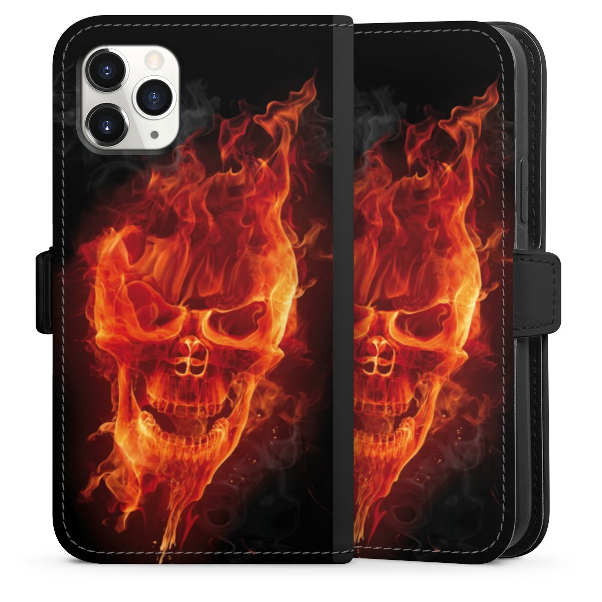 iPhone 11 Pro Handy Klapphülle Handyhülle aus Kunst Leder schwarz Flip Case Totenkopf Skull Fire Sideflip mit Lasche